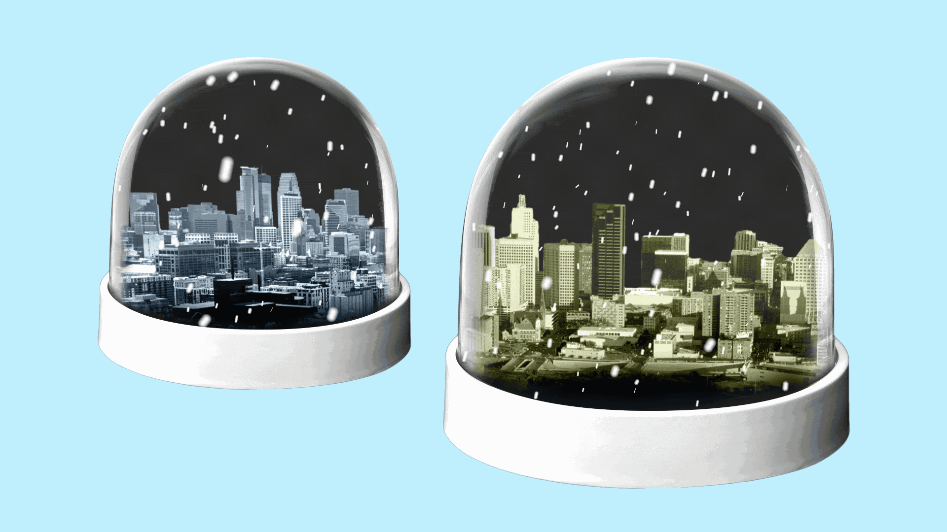 Illustration of Minneapolis and St. Paul in snow globes, with animated snow falling on them.