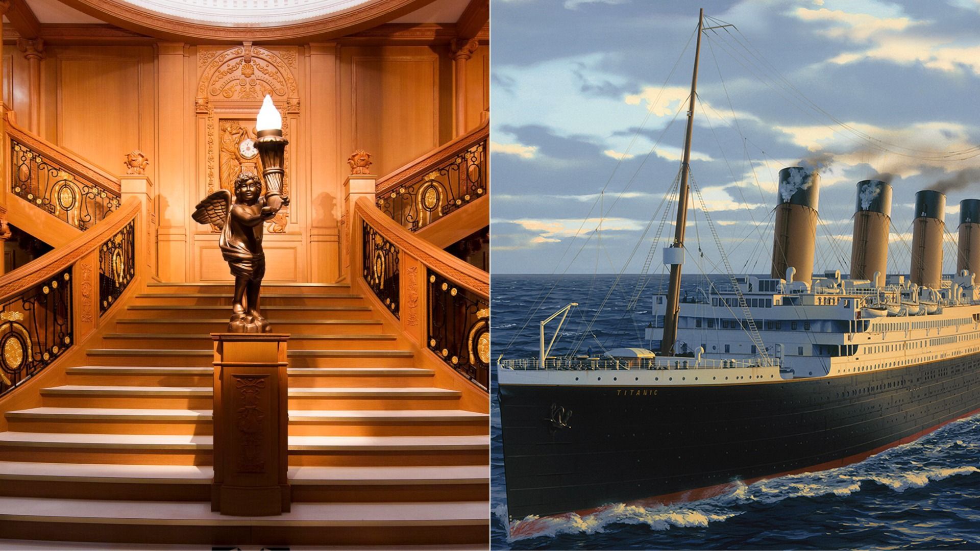 Split image: left shows a grand wooden staircase with ornate carvings and golden walls, a statue of an angel holding a torch at the center. Right shows the Titanic-style ocean liner with four smokestacks at sea.