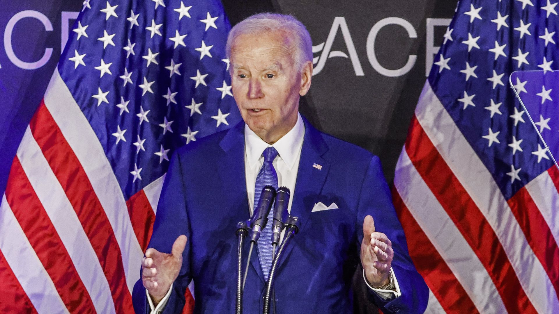 President Joe Biden speaks during a conference of the Advocates, Counselors and Representatives for the Disabled (ACRD) at the Sofitel Hotel in Chicago, Illinois, on April 15, 2025. The event marked Biden's first public remarks since leaving the office of the US Presidency.