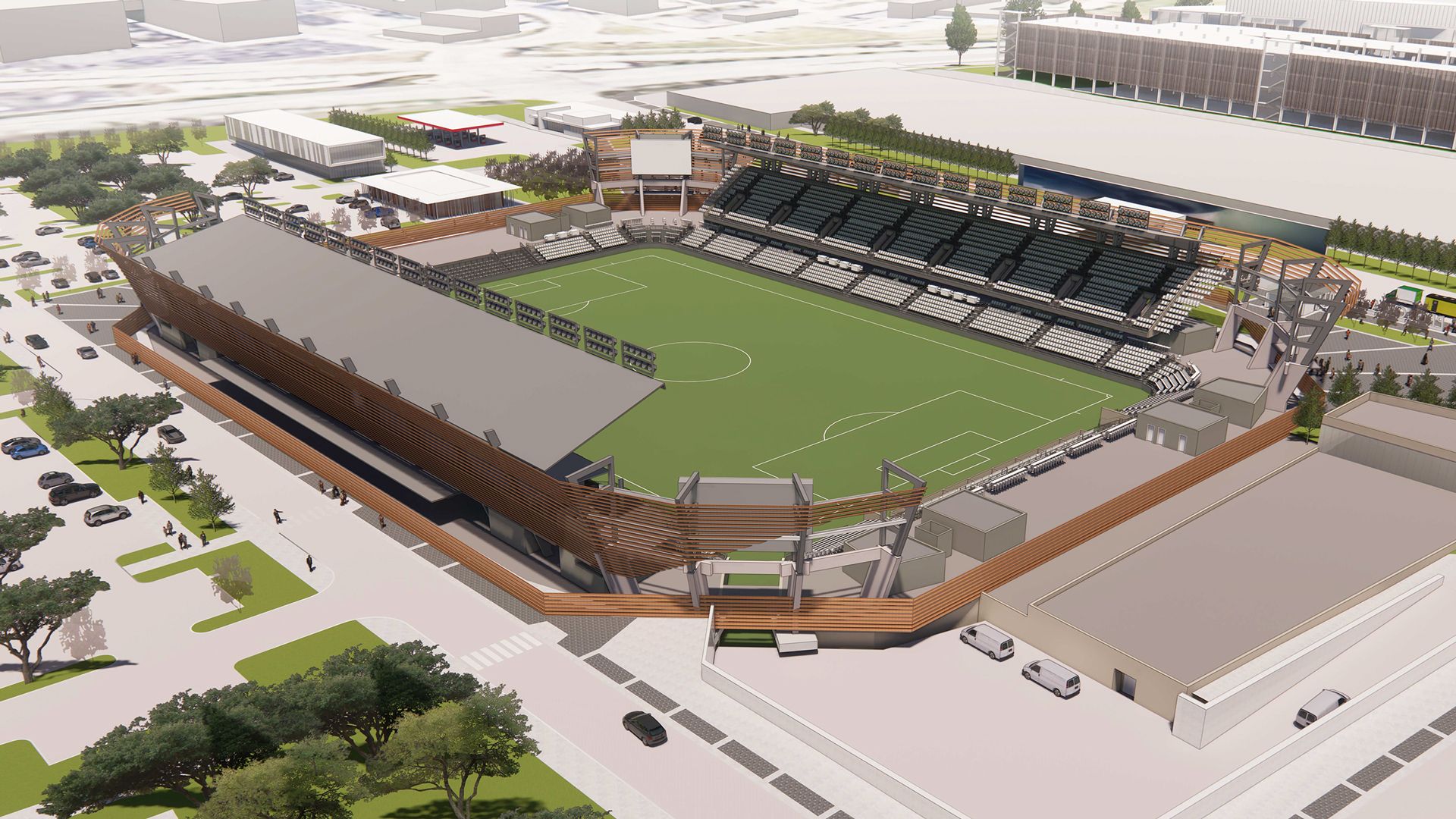 A photo of a proposed Des Moines soccer stadium.