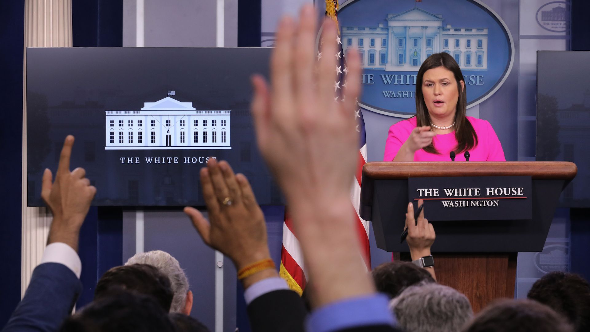 White House Press Secretary Sarah Huckabee Sanders calls on reporters during a news conference at the White House September 10, 2018.