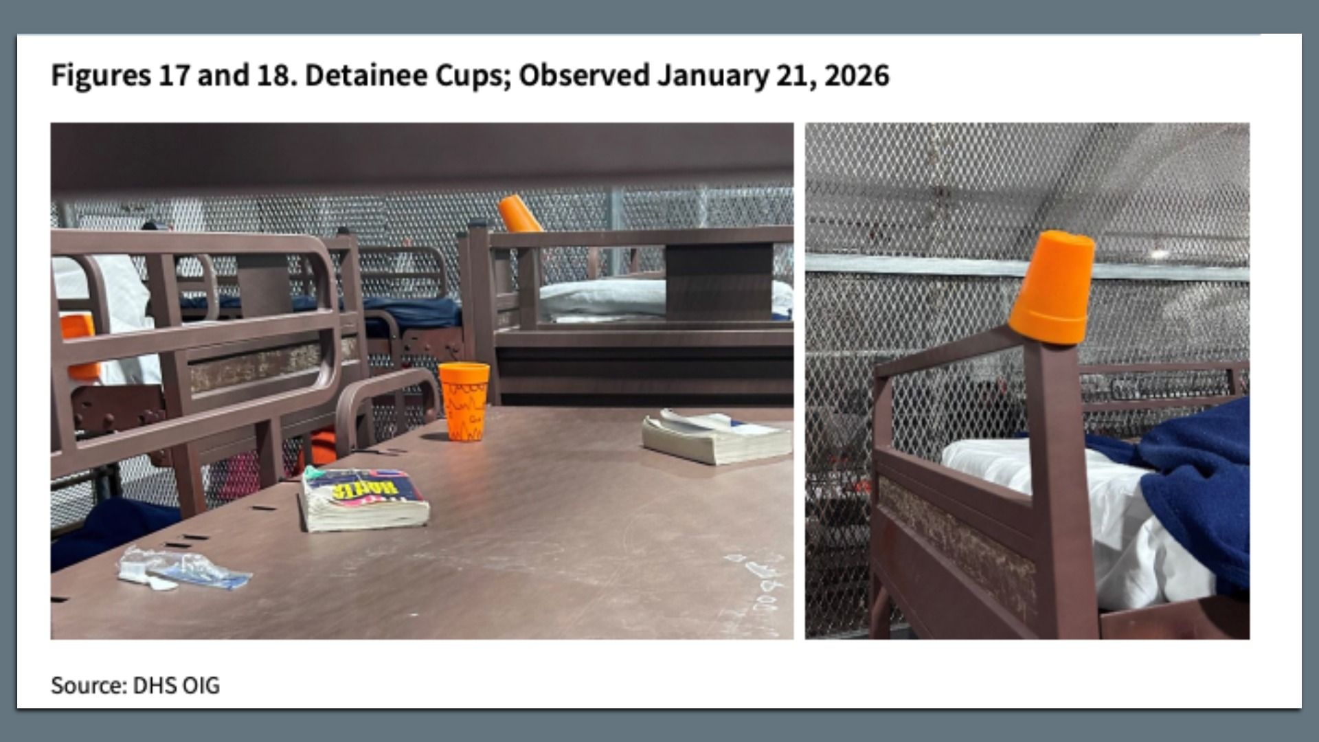 Two side-by-side photos of a detention dorm: brown metal bunk frames with orange plastic cups perched on rails, a table with a book and papers, and chain-link fencing in the background.