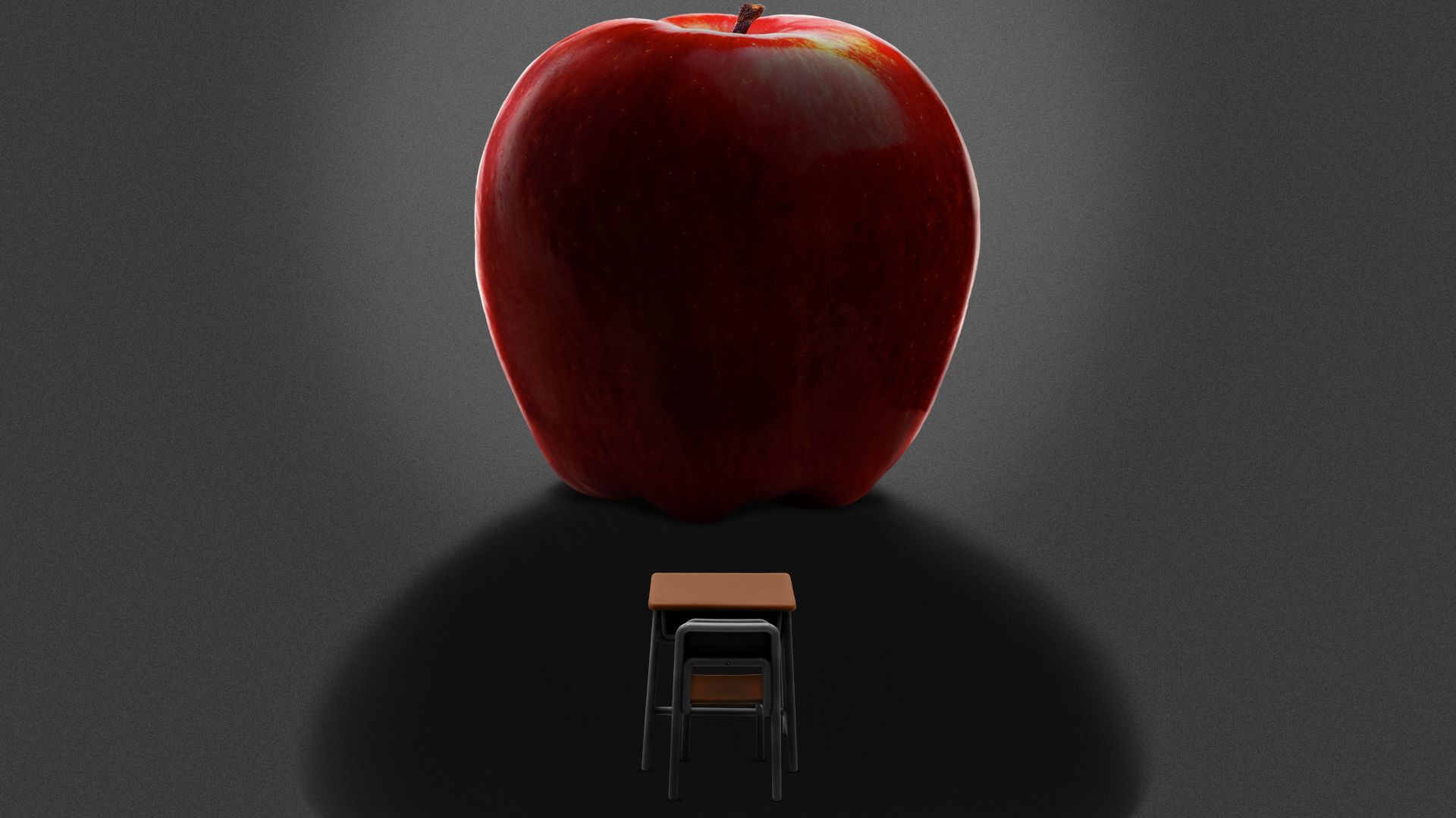 Illustration of a large apple looming over a school desk.