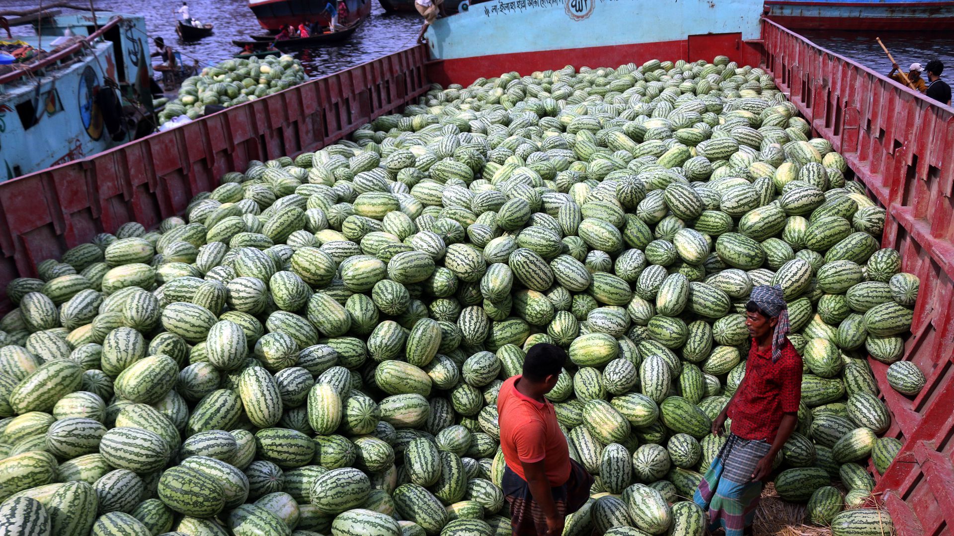Two men, one in an orange shirt the other in a red shirt, sort through a shipping container full of water melons.