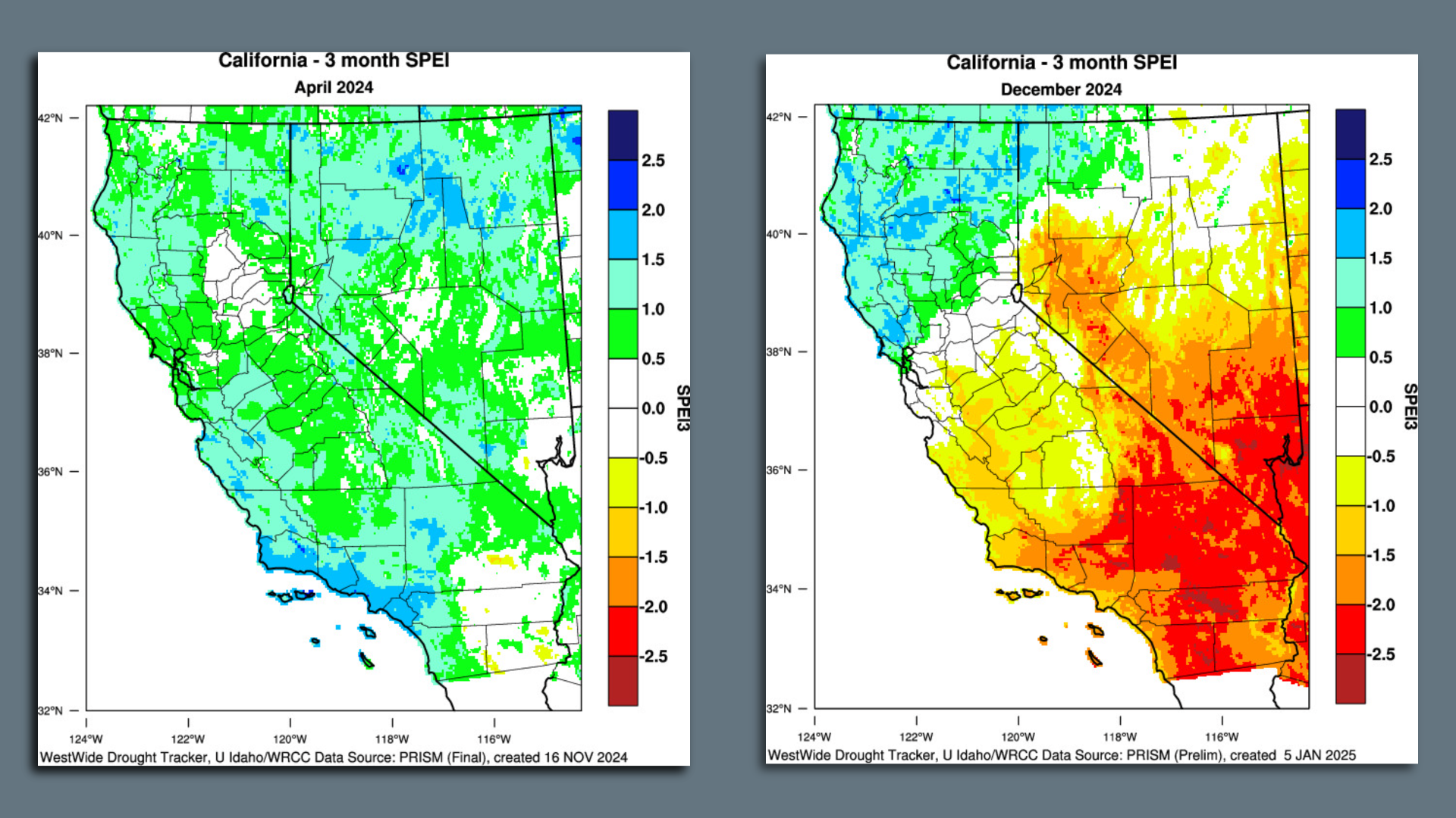 Side-by-side maps showing wet conditions after two wet winters on the left, followed by extreme dryness in Southern California associated with the devastating wildfires.