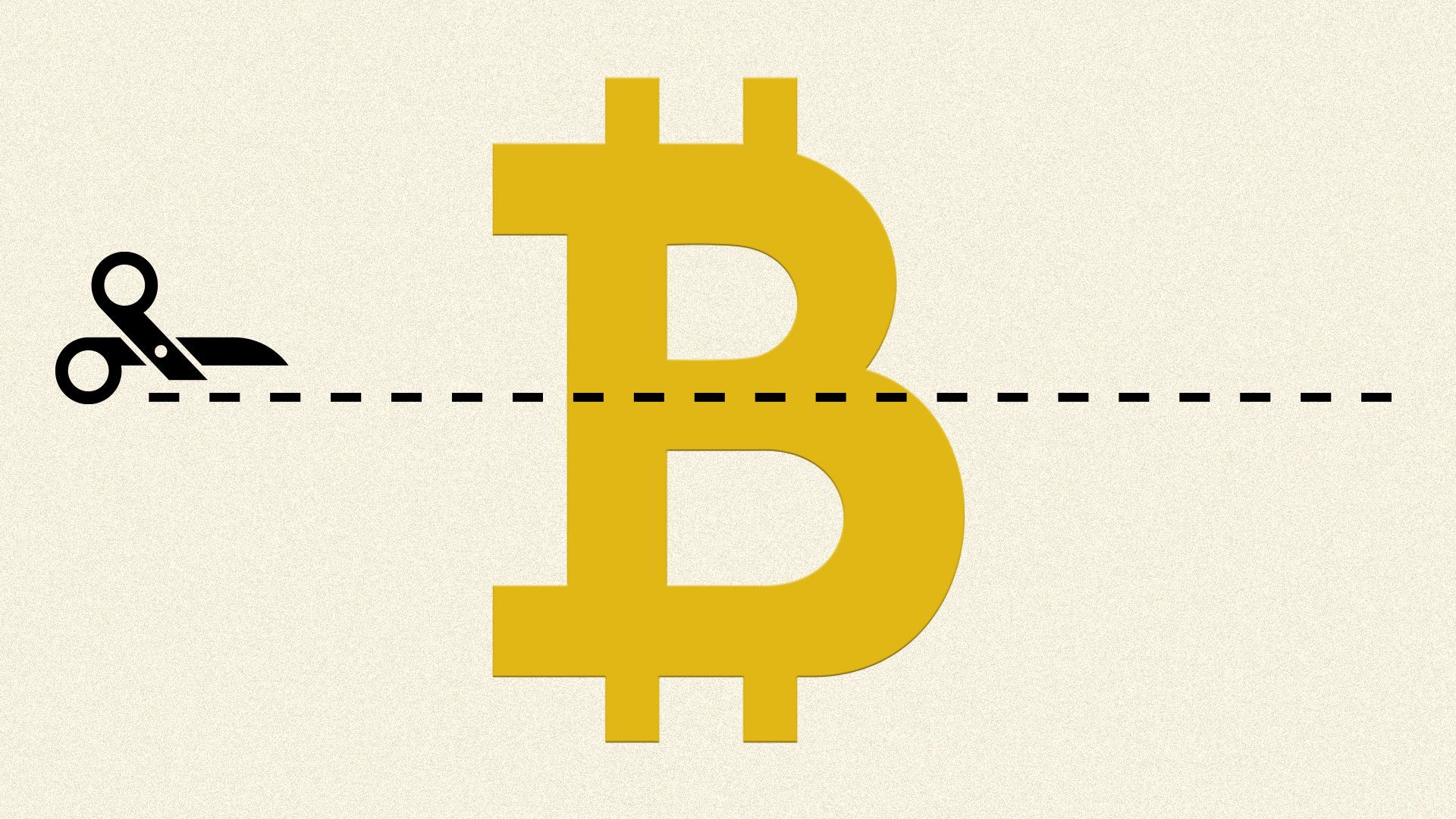 Illustration of the Bitcoin logo with a dotted line and scissor icon across it
