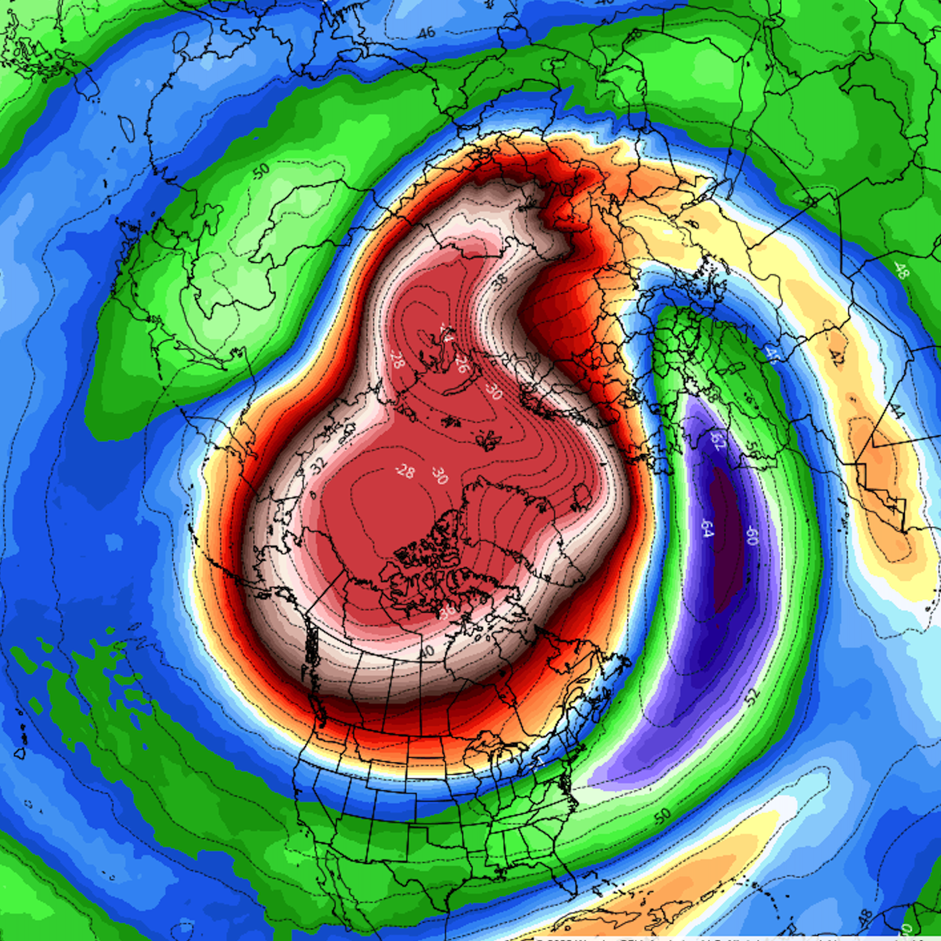 Computer model image depicting a strong stratospheric warming event over the North Pole.