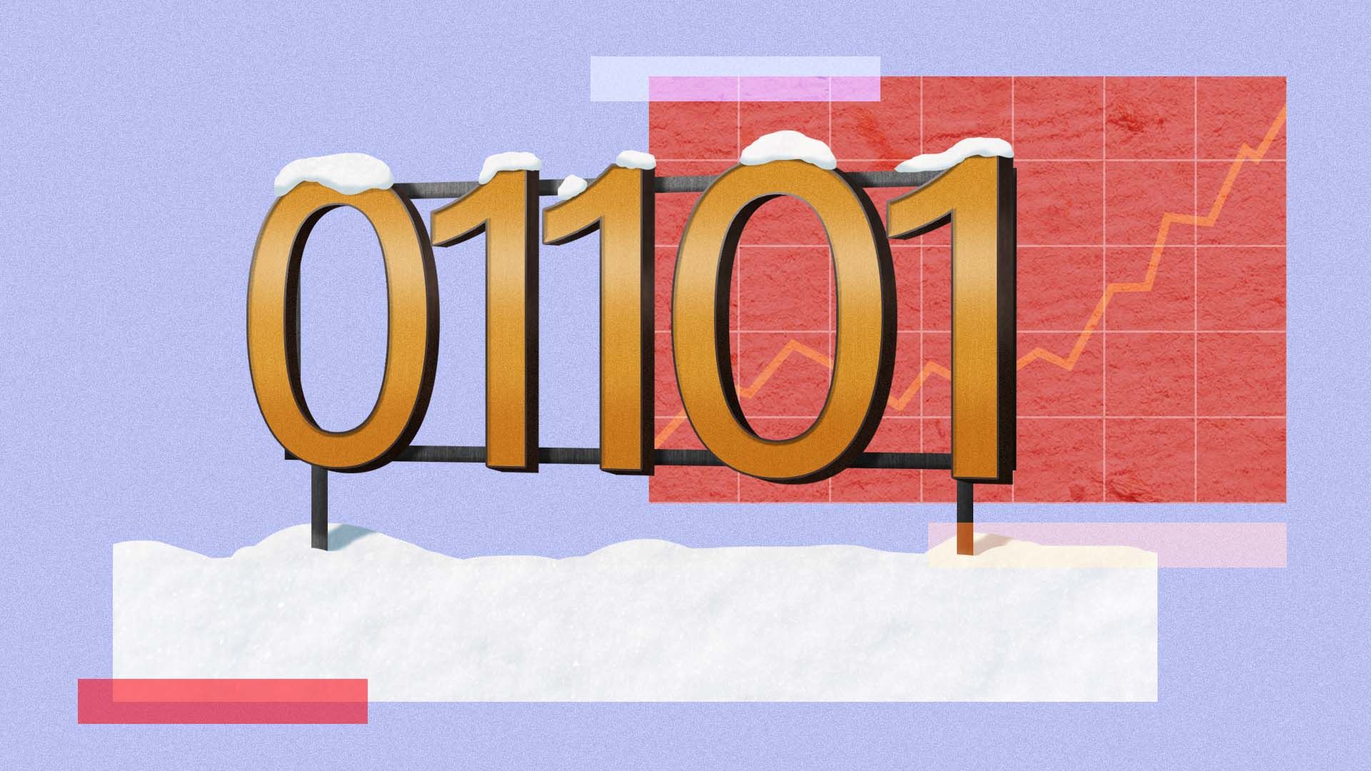 Illustration of binary code in the form of the famous Davos sign with various squares and grids in the background