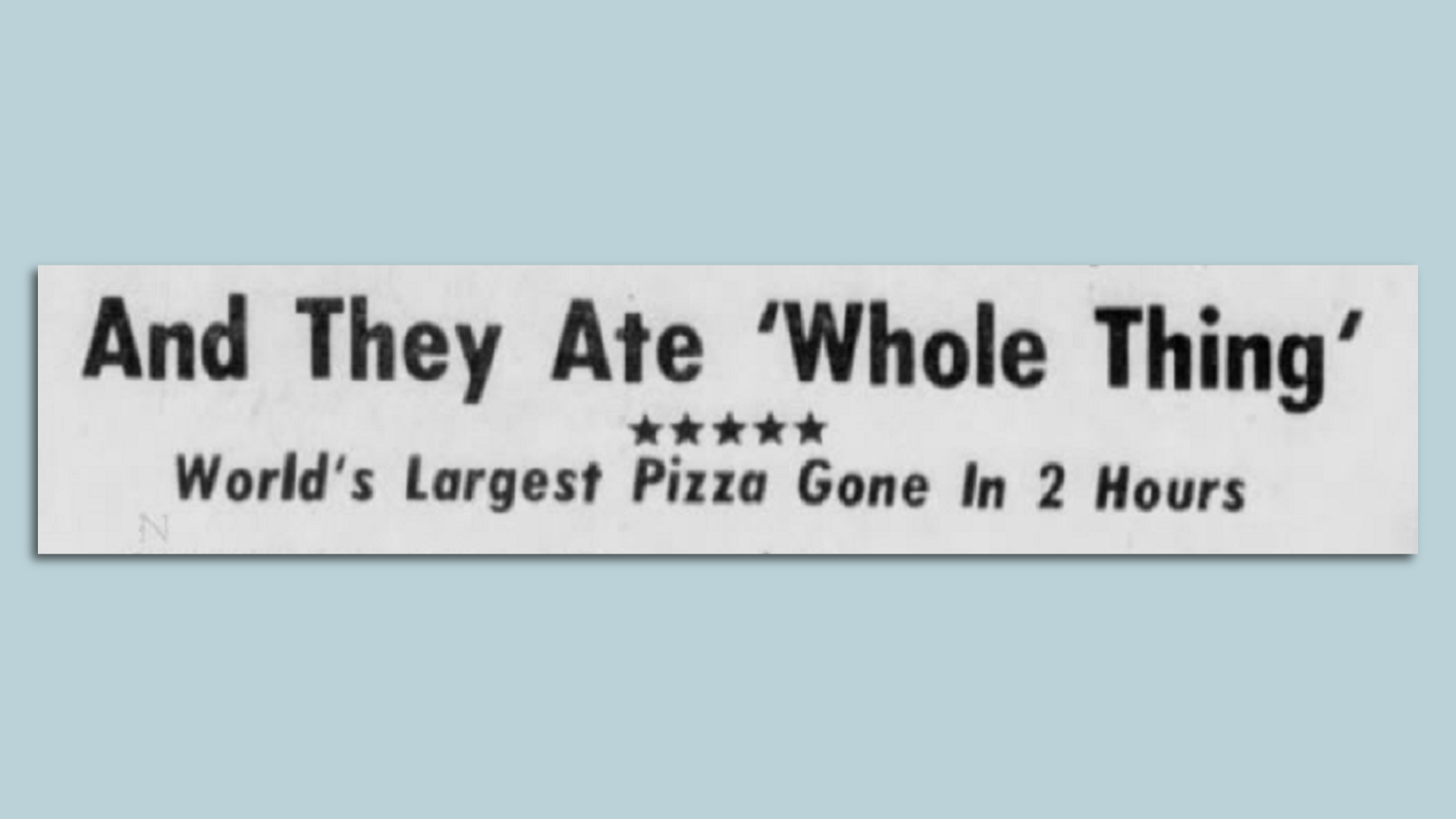 A news headline from 1974 about the world's largest pizza. 