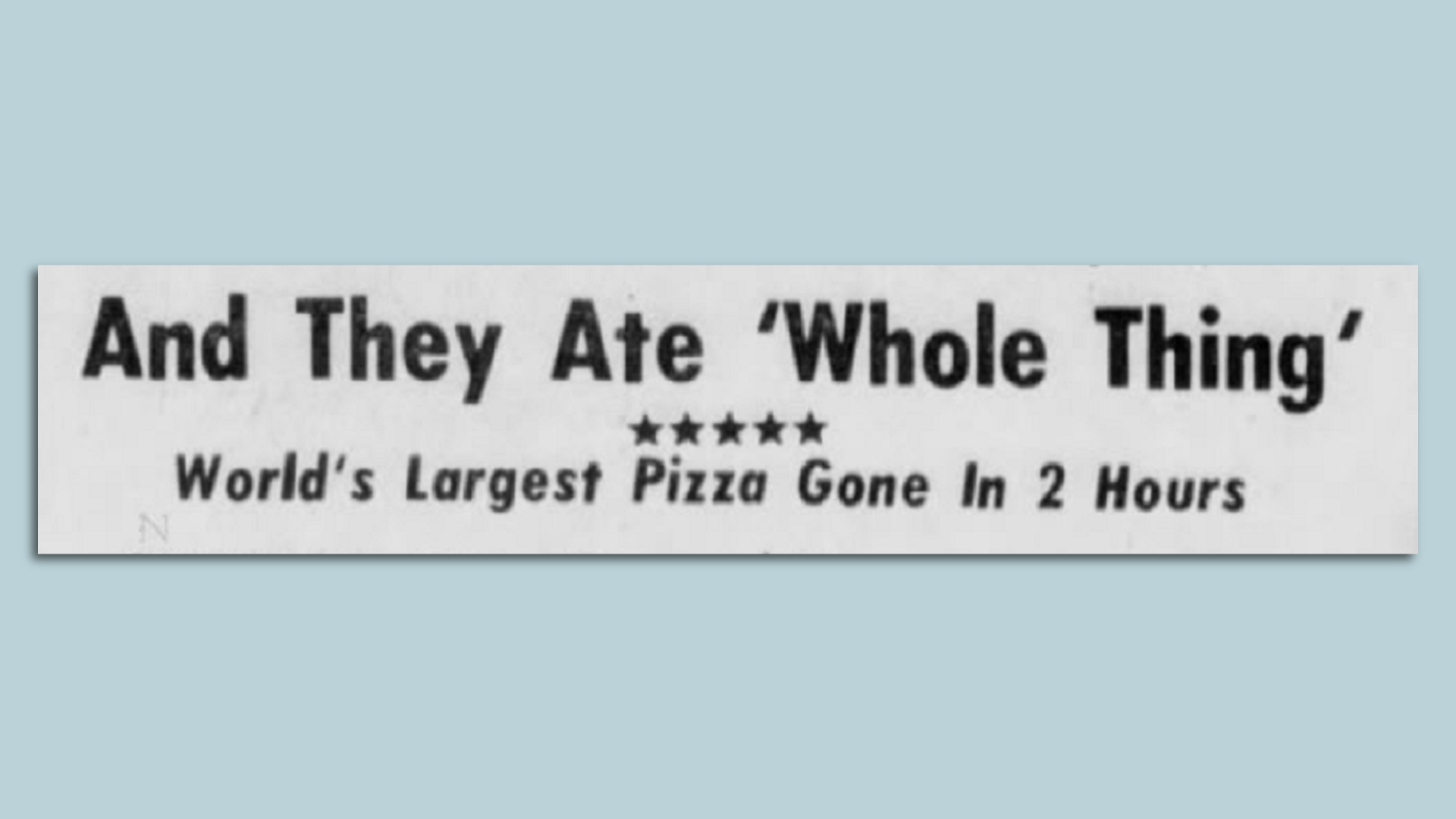 A news headline from 1974 about the world's largest pizza.