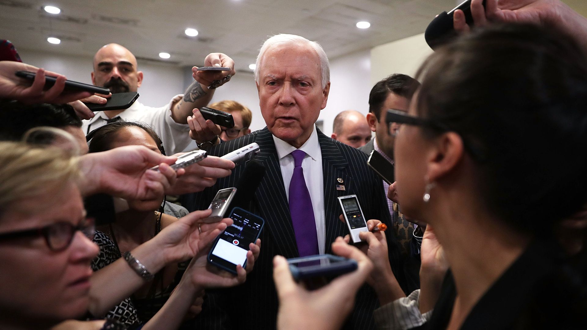 U.S. Sen. Orrin Hatch (R-UT) talks to members of the media March 16, 2016 on Capitol Hill in Washington, DC.