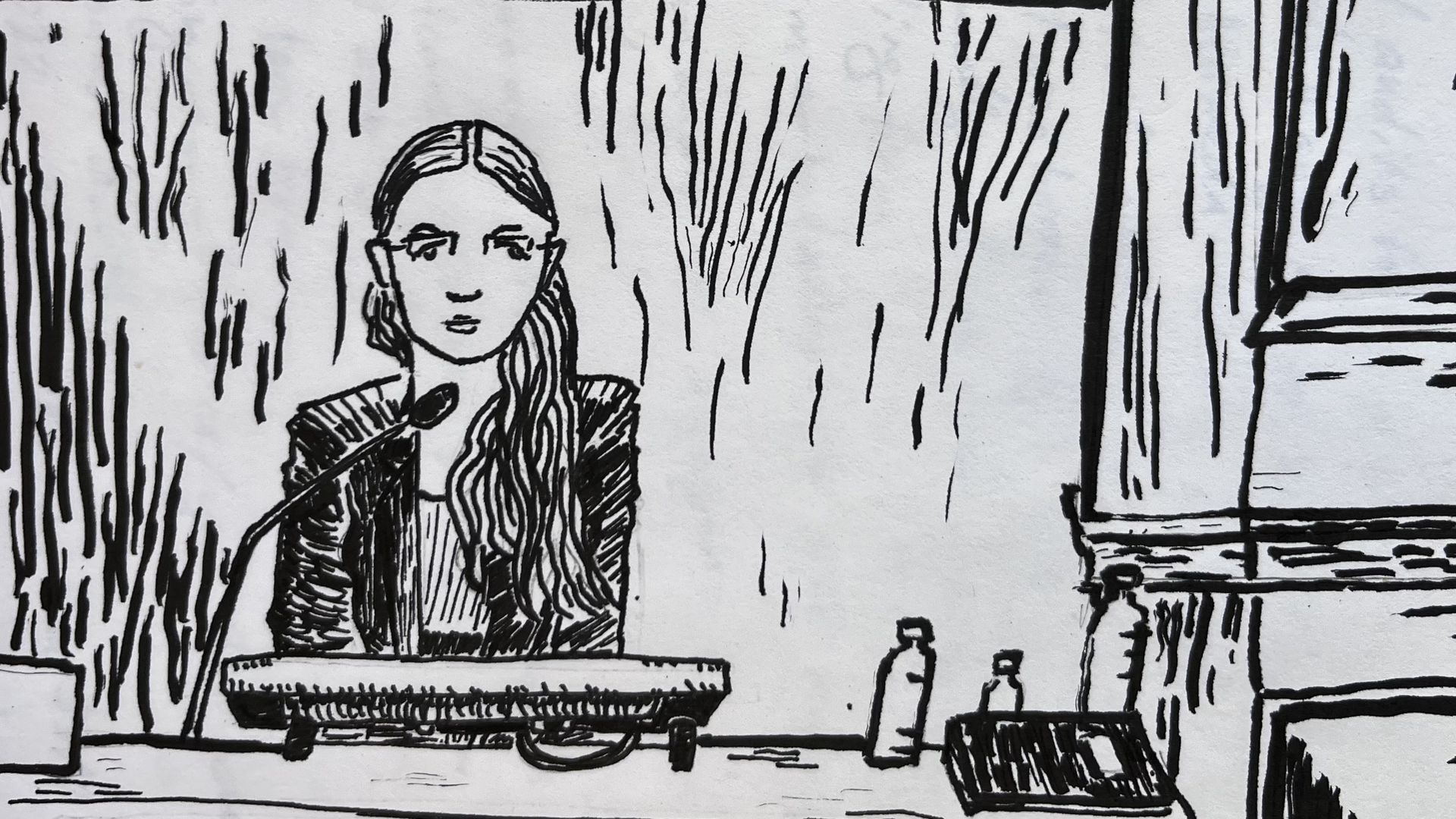 A drawing of a young woman testifying in court. 