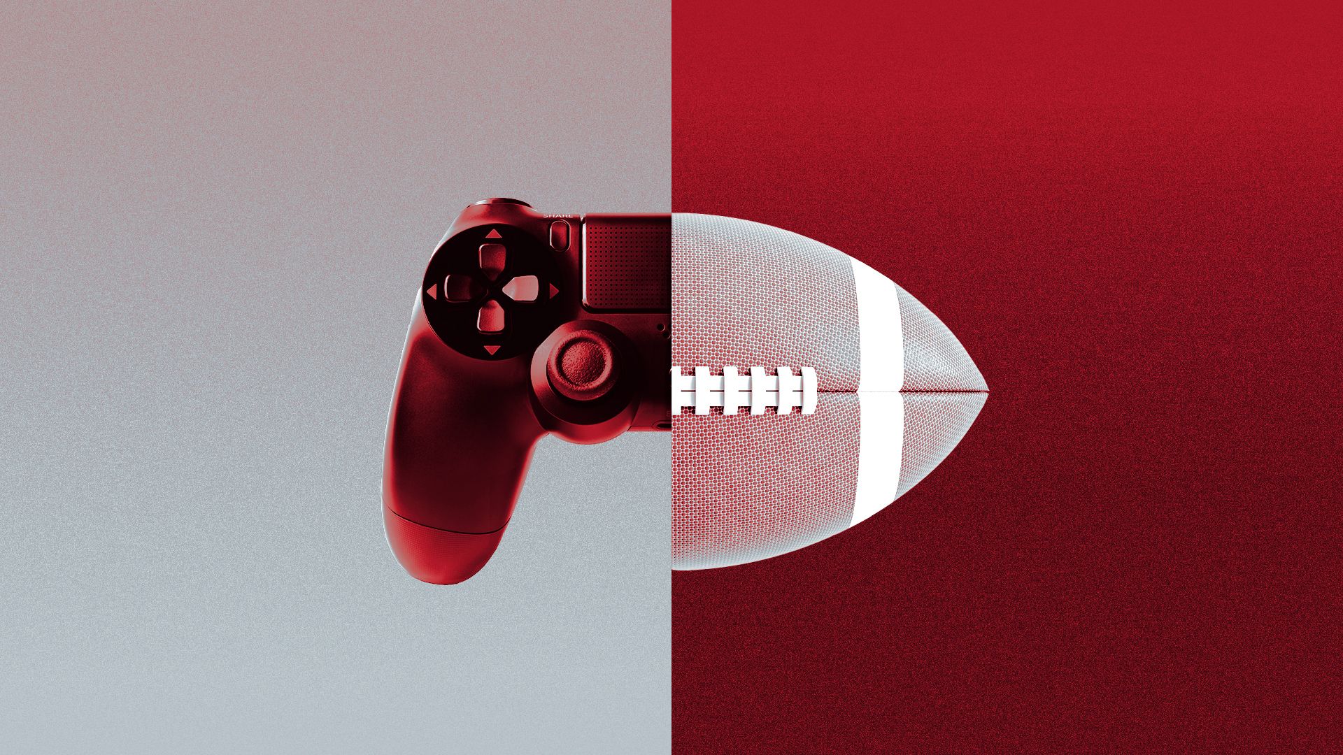 Illustration of a video game controller combined with a football in scarlet and grey.