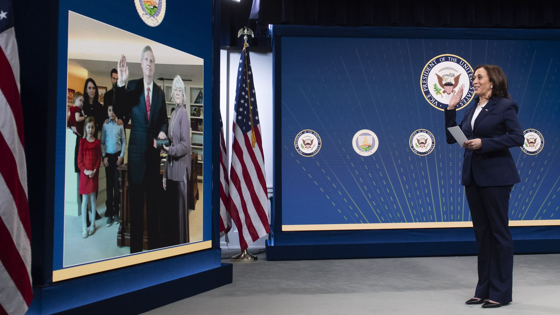 Vice President Kamala Harris is seen virtually swearing in Agriculture Secretary Tom Vilsack.