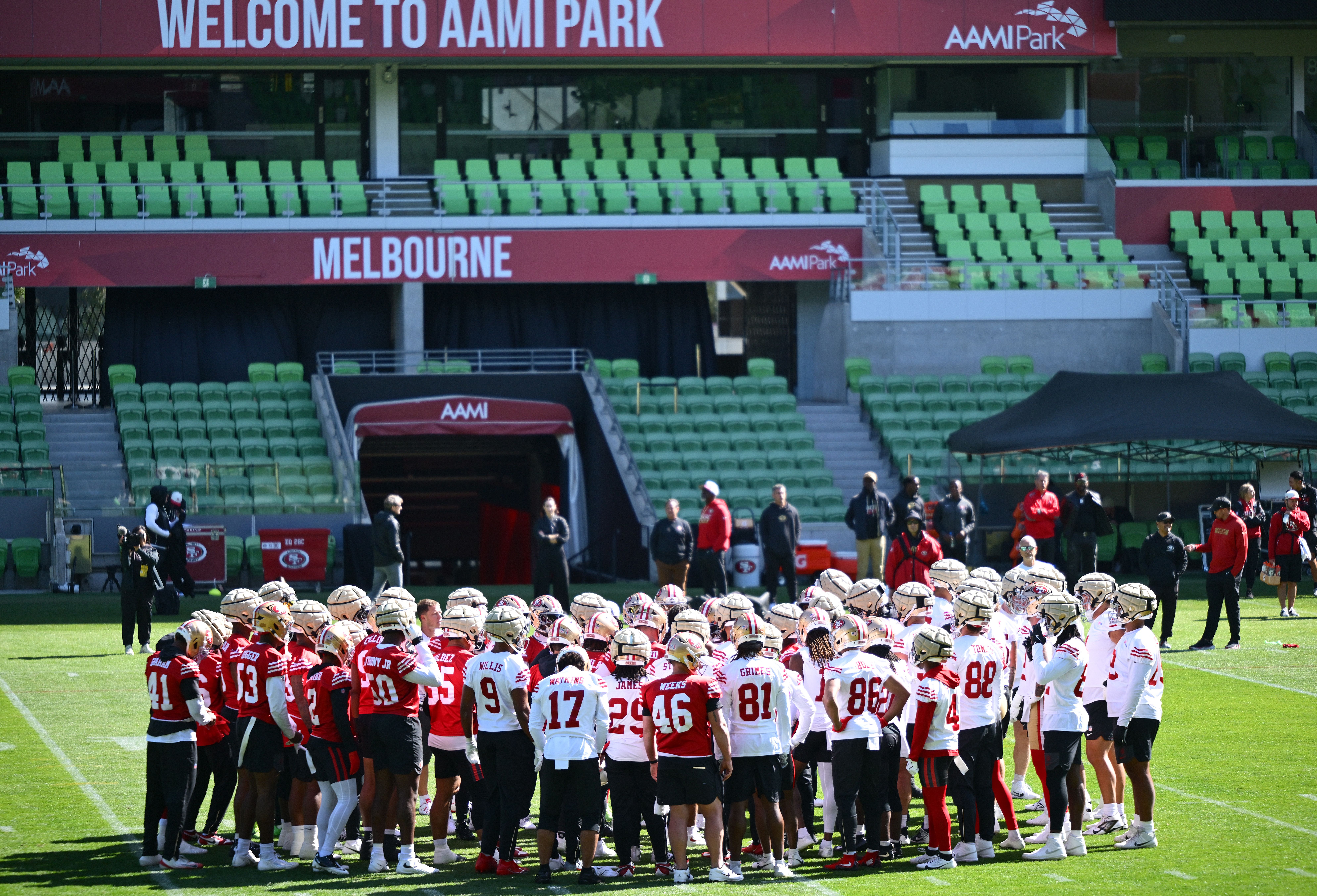 The San Francisco 49ers practice before their game in Melbourne on Thursday against the Los Angeles Rams — the first NFL game in Australia.