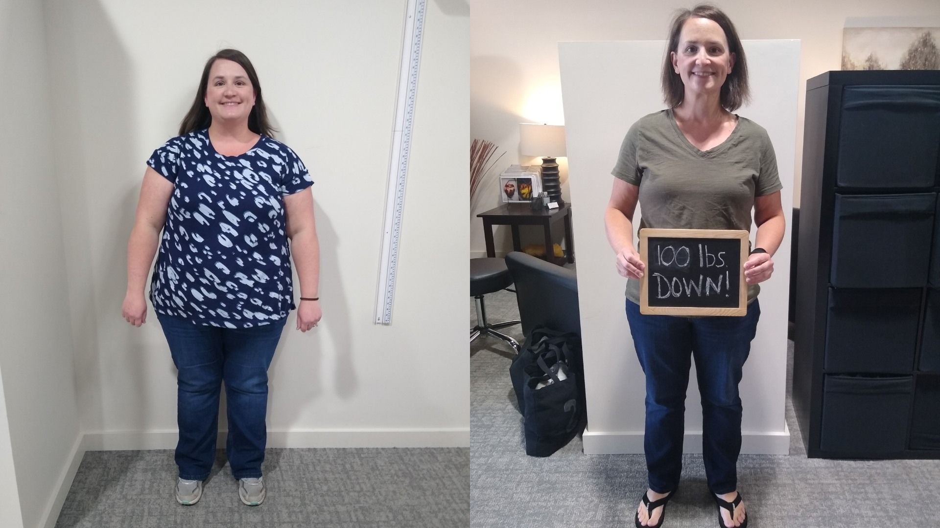 Side-by-side photo of a woman before and after weight loss: left in a blue patterned top and jeans; right in a gray T-shirt holding a chalkboard that reads "100 lbs. DOWN!" in an office setting.