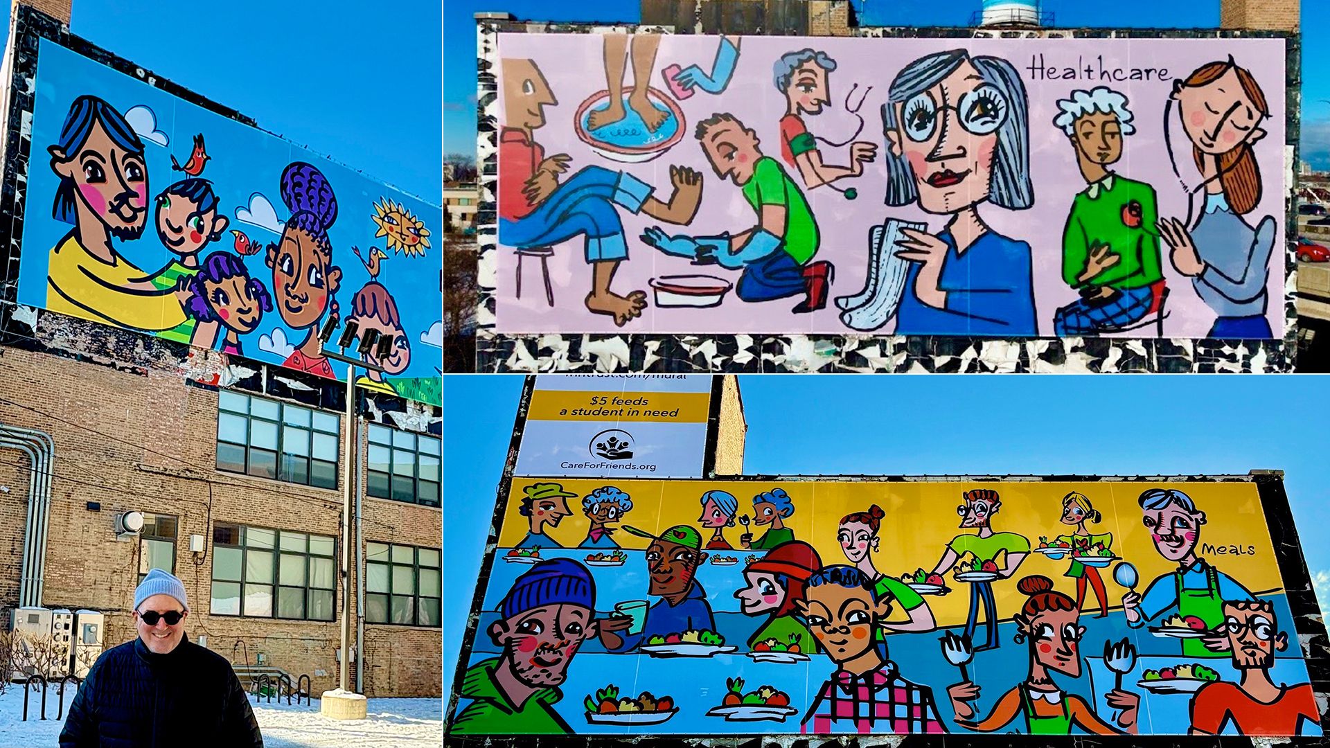 Three colorful murals on building walls featuring diverse people: a family with birds, healthcare workers with patients, and people sharing meals under a bright blue sky.