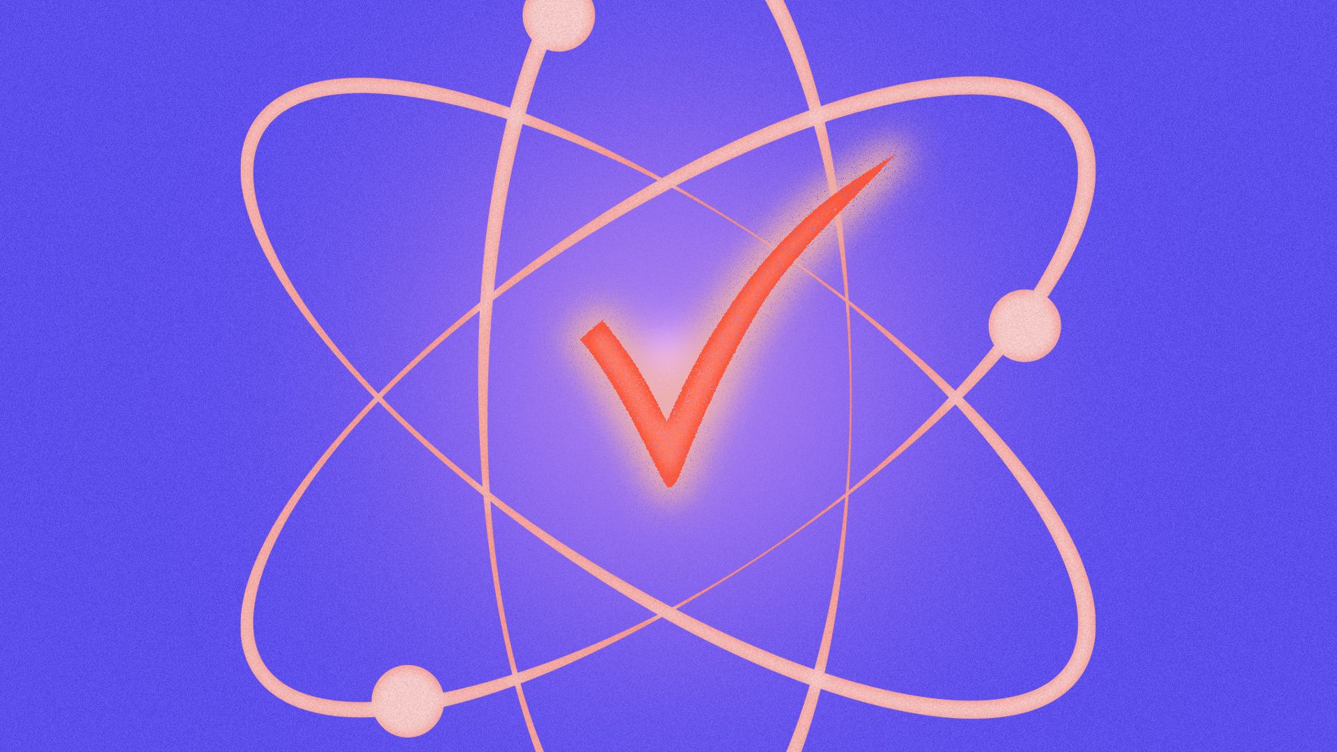 Illustration of an atomic structure with the nucleus stylized as a glowing check mark.