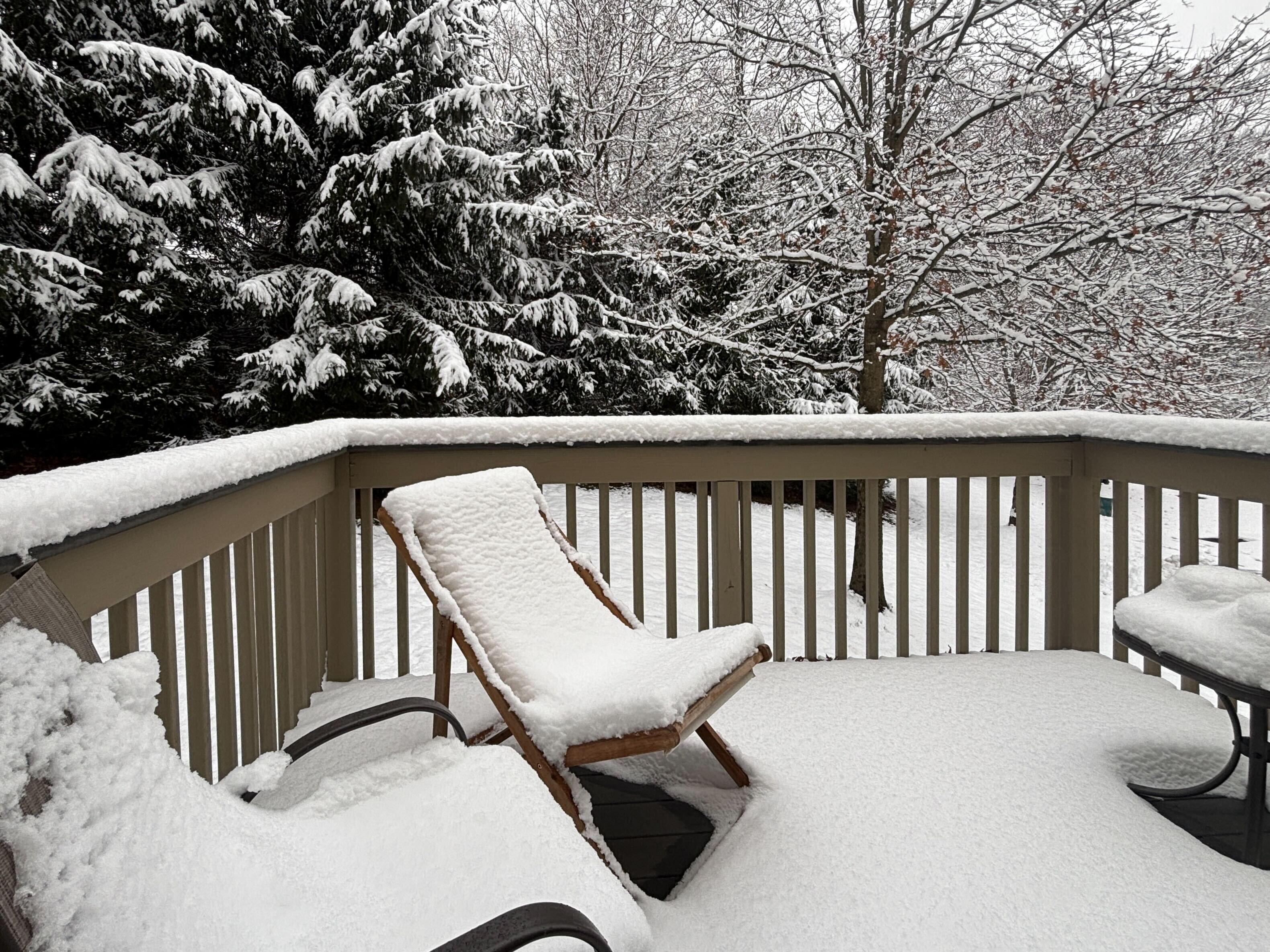 Snow-covered wooden deck with outdoor chairs and table, surrounded by snow-laden evergreen and leafless trees in a winter landscape.