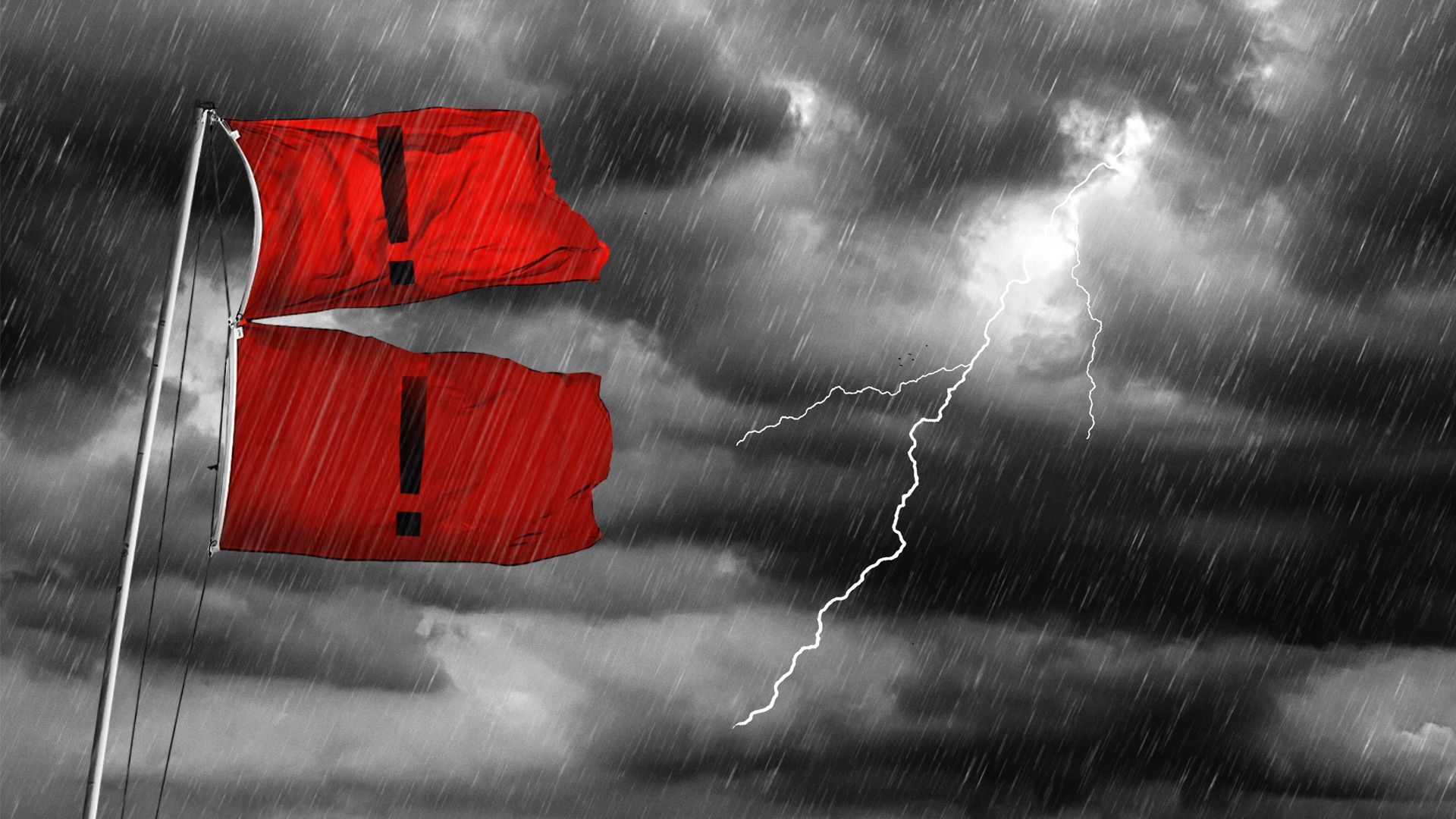 Illustration of two red hurricane flags with exclamation points instead of black stars against a storm