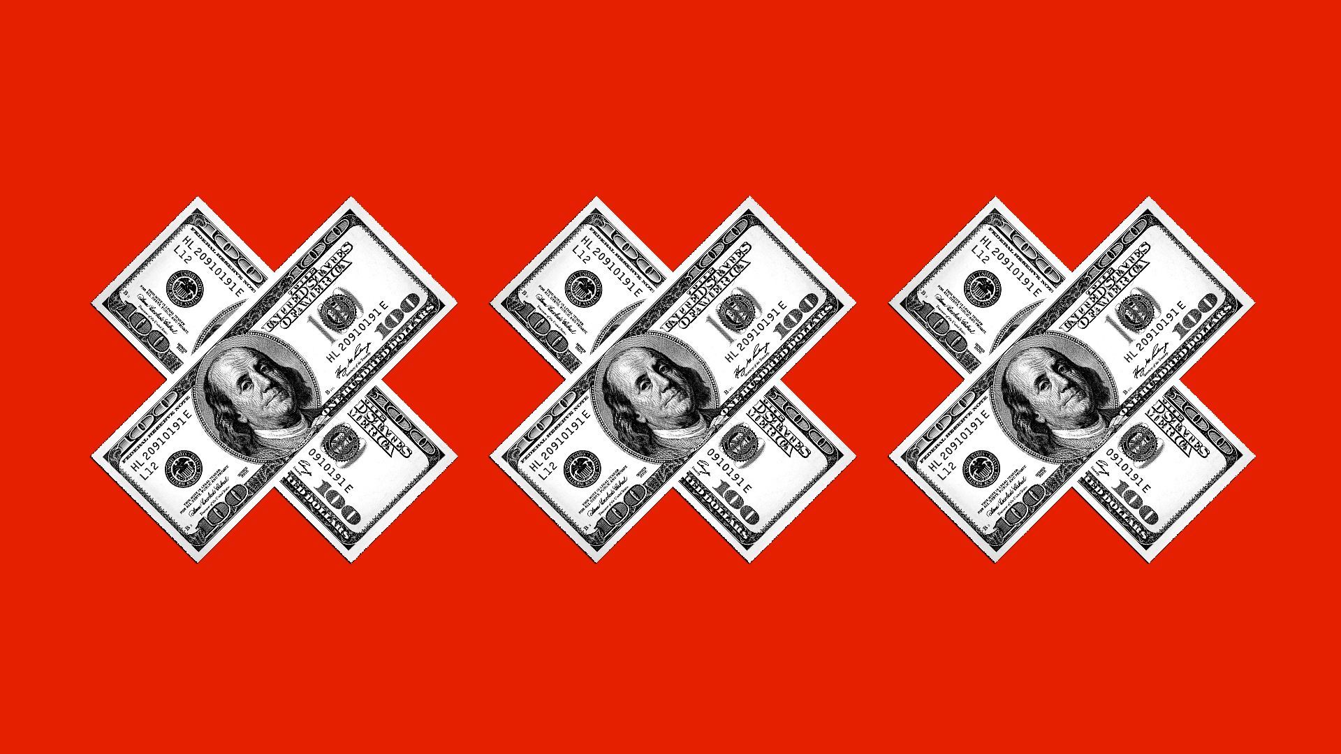 Illustration of "XXX" symbols made from crossed hundred dollar bills.