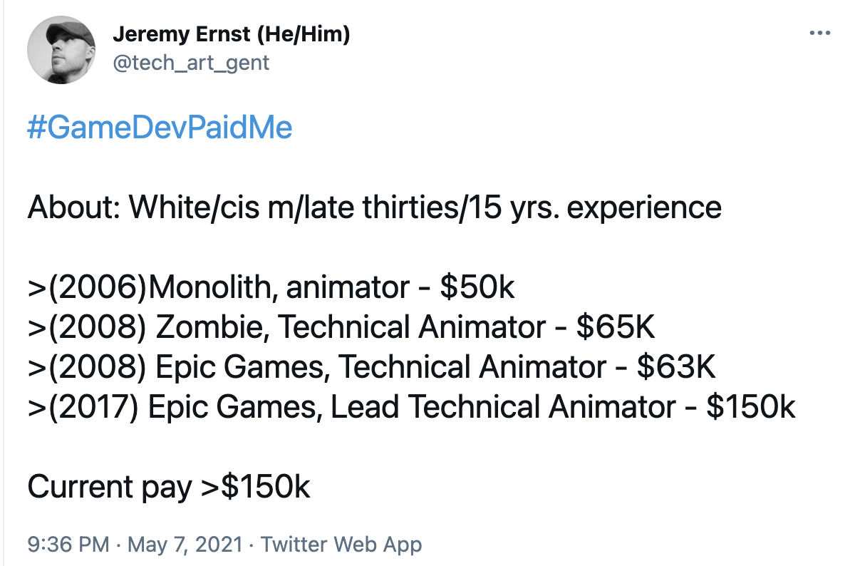 Screenshot of a tweet from Jeremy Ernst listing his salaries through the years, with him ending at "Current pay>$150k"