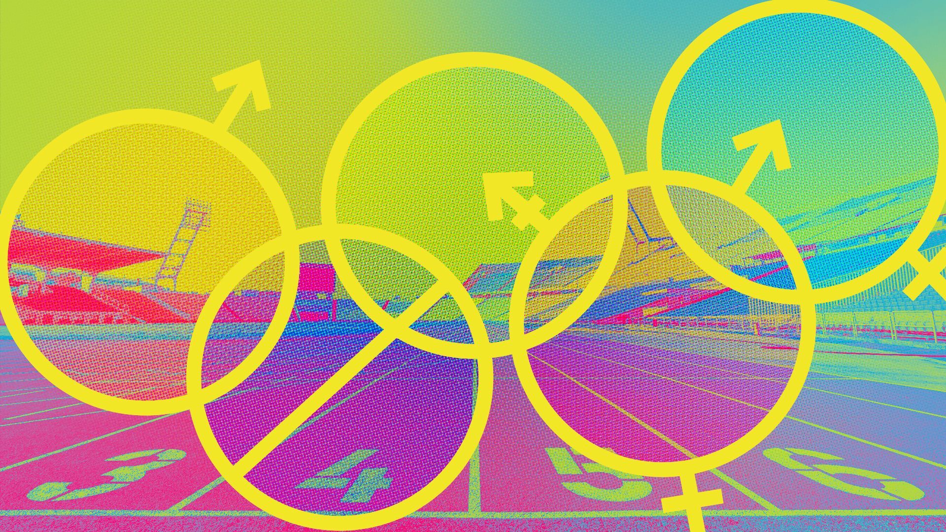 Illustration of an Olympic stadium with the Olympic rings made up of gender and no symbols