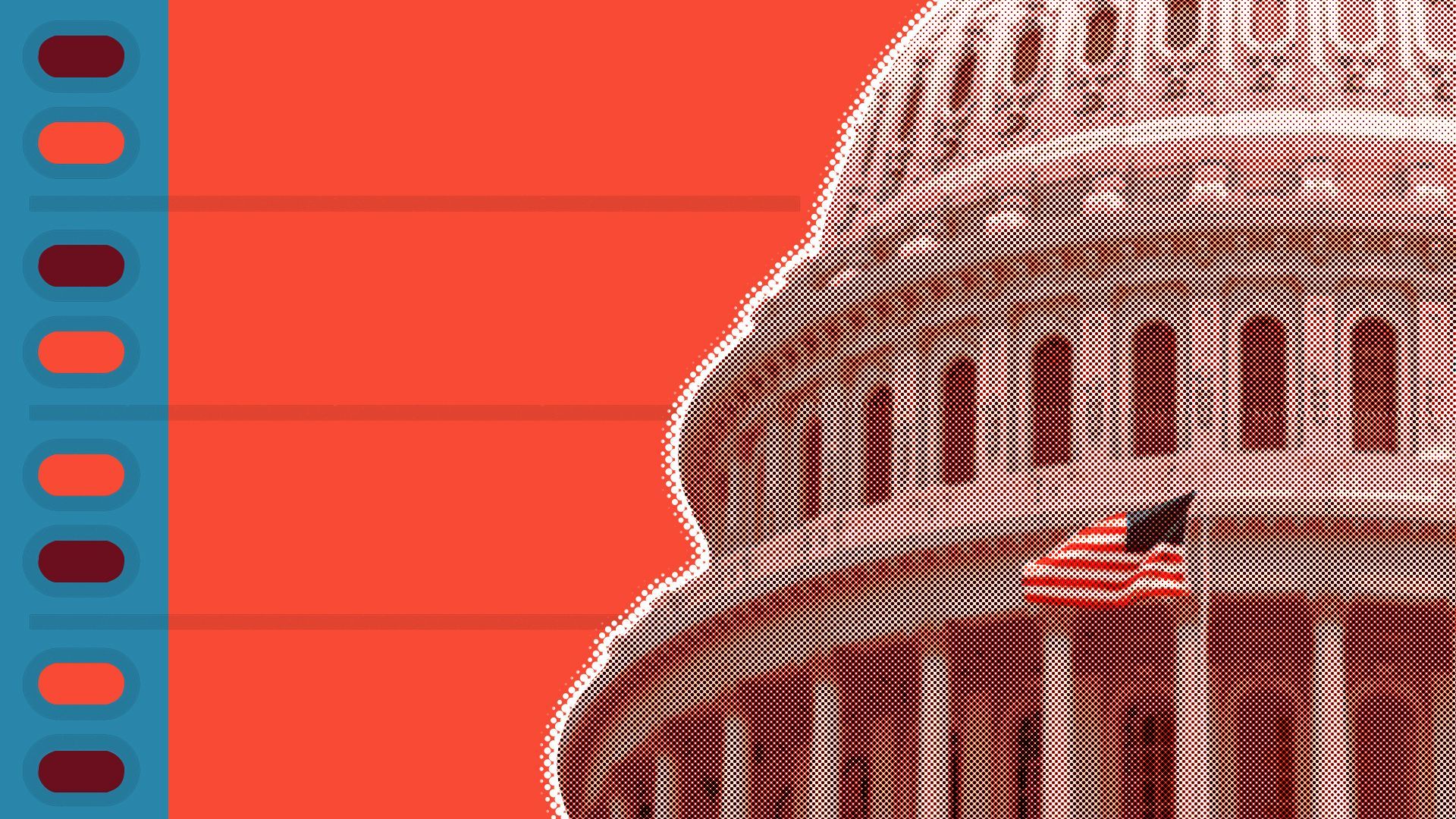 Illustration of the Capitol Dome with a red overlay and ballot icons