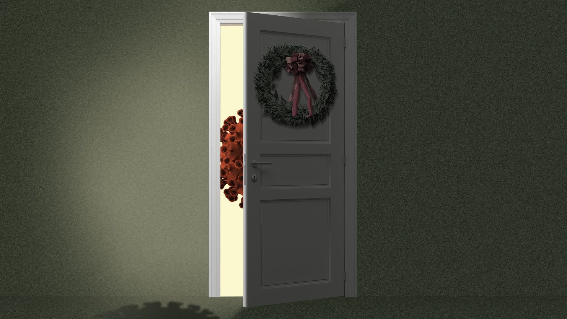 Illustration of an open door with a virus on the other side of it