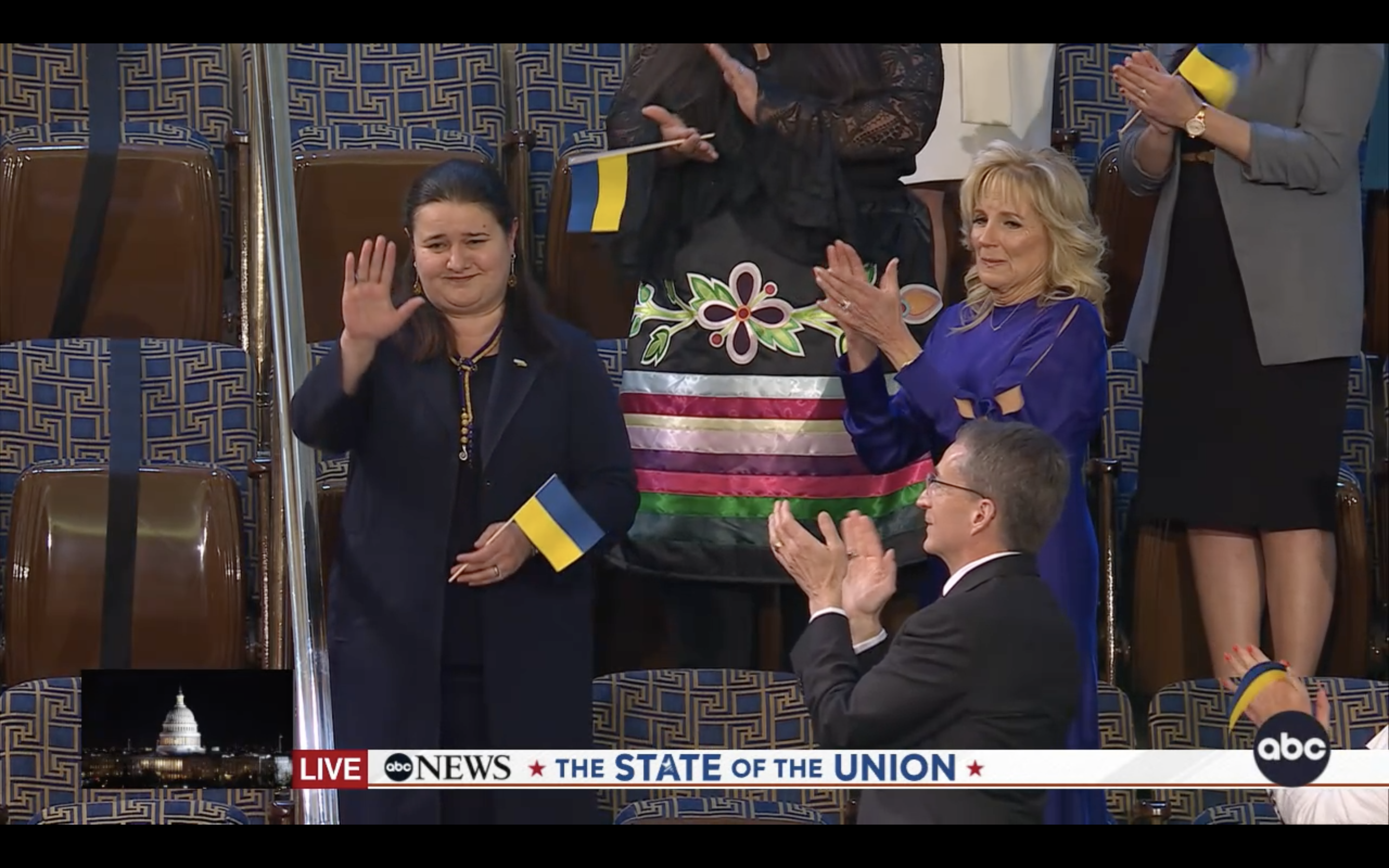 Ukrainian ambassador acknowledges applause at the State of the Union address