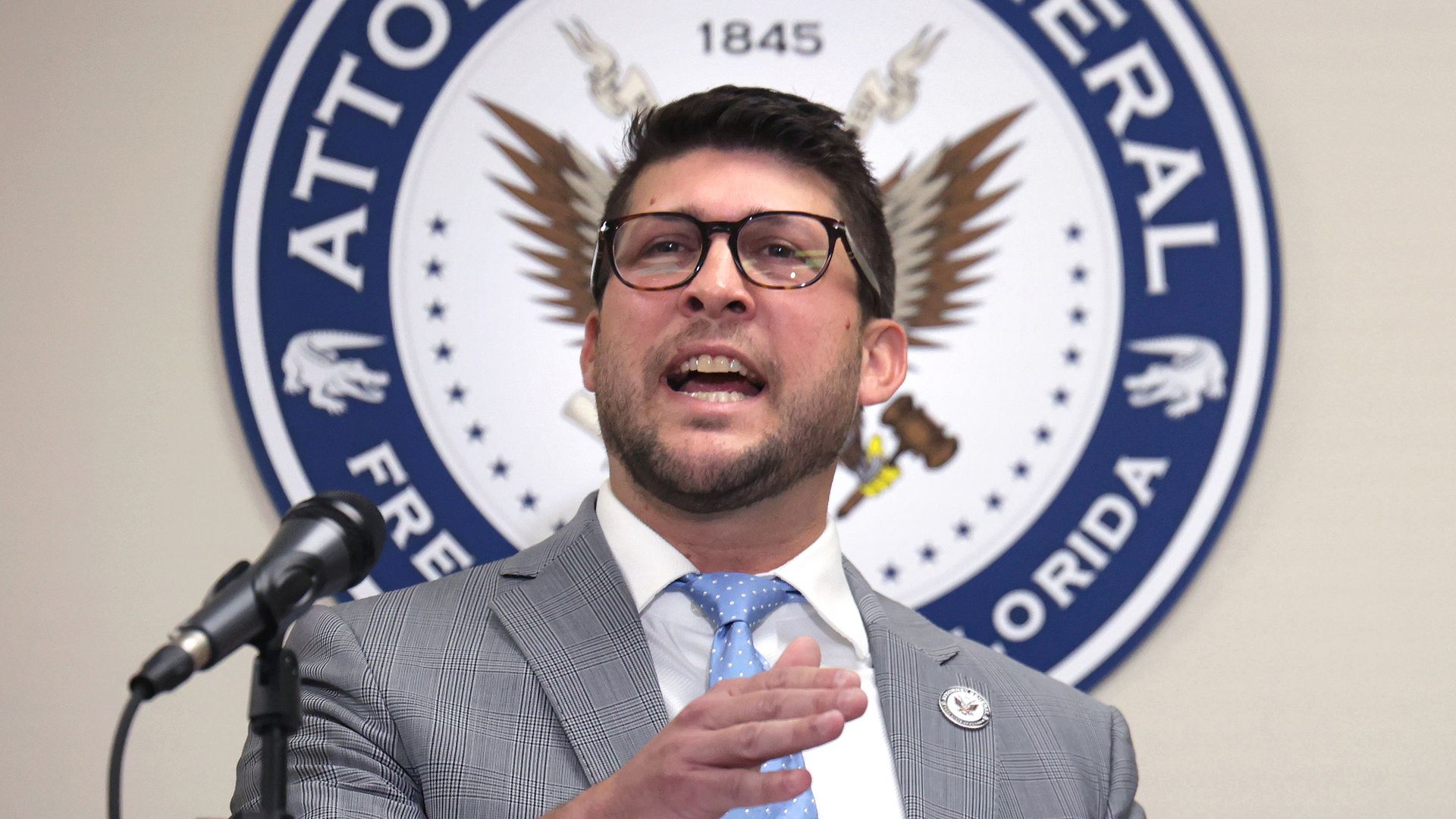 Florida Attorney General James Uthmeier announces during a press conference that his office is offering to send a team of additional prosecutors to the Ninth Circuit to assist Orange/Osceola State Attorney Monique Worrell with a backlog of cases, on April 14, 2025. 