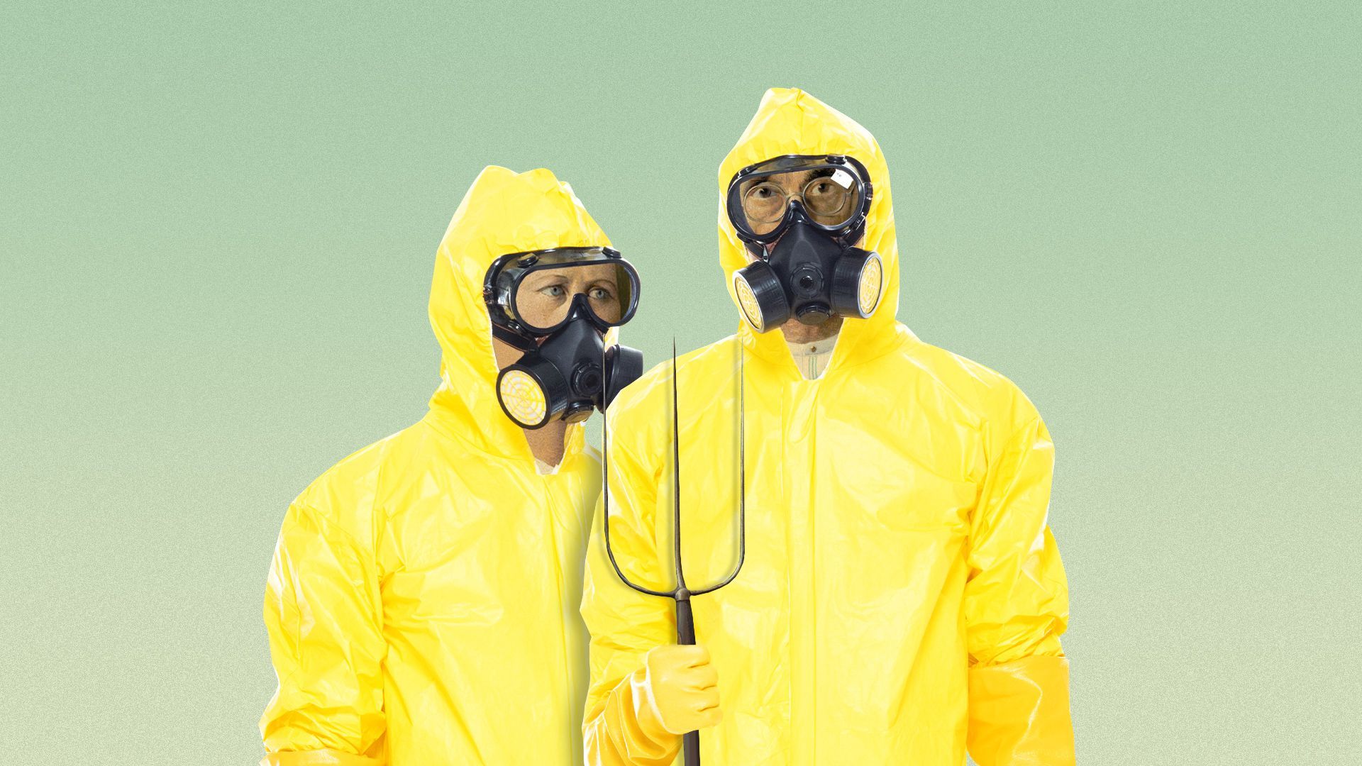 Illustration of American Gothic with the farmer and his wife in hazmat suits. 