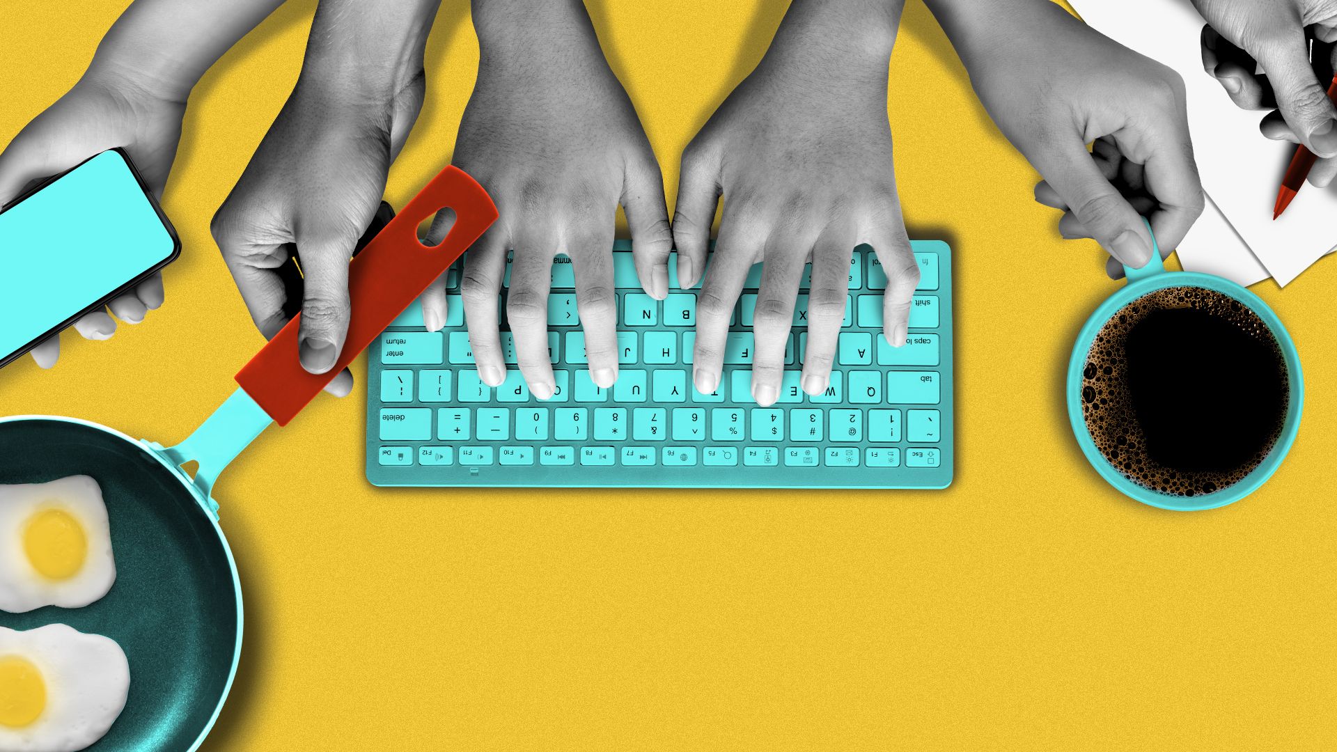 Illustration of multiple hands doing a variety of tasks, including typing, writing, holding a mug of coffee, cooking, and scrolling on a phone