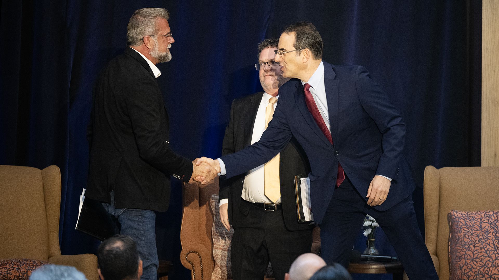 Colorado gubernatorial candidates Victor Marx, left, and Colorado Attorney General Phil Weiser. Photo: Timothy Hurst/Denver Post via Getty Images
