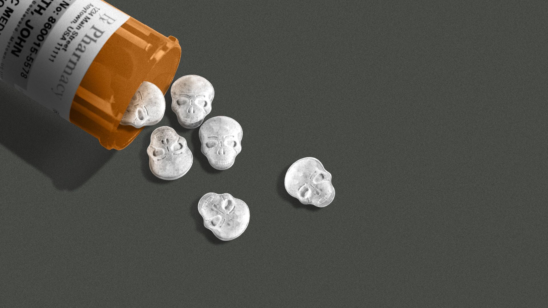 Illustration of skull-shaped pills coming out of a prescription bottle.