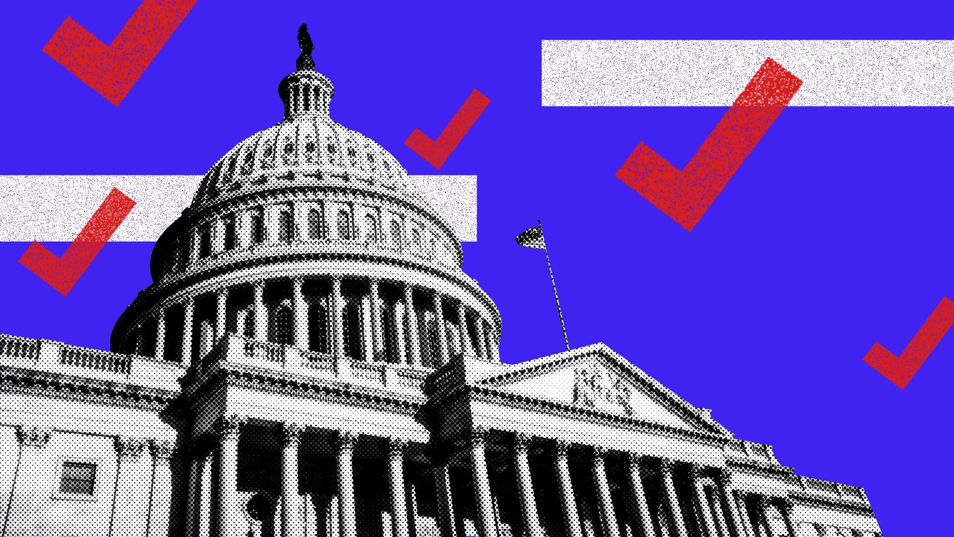 Illustration of the Capitol Building surrounded by stripes and checkmarks