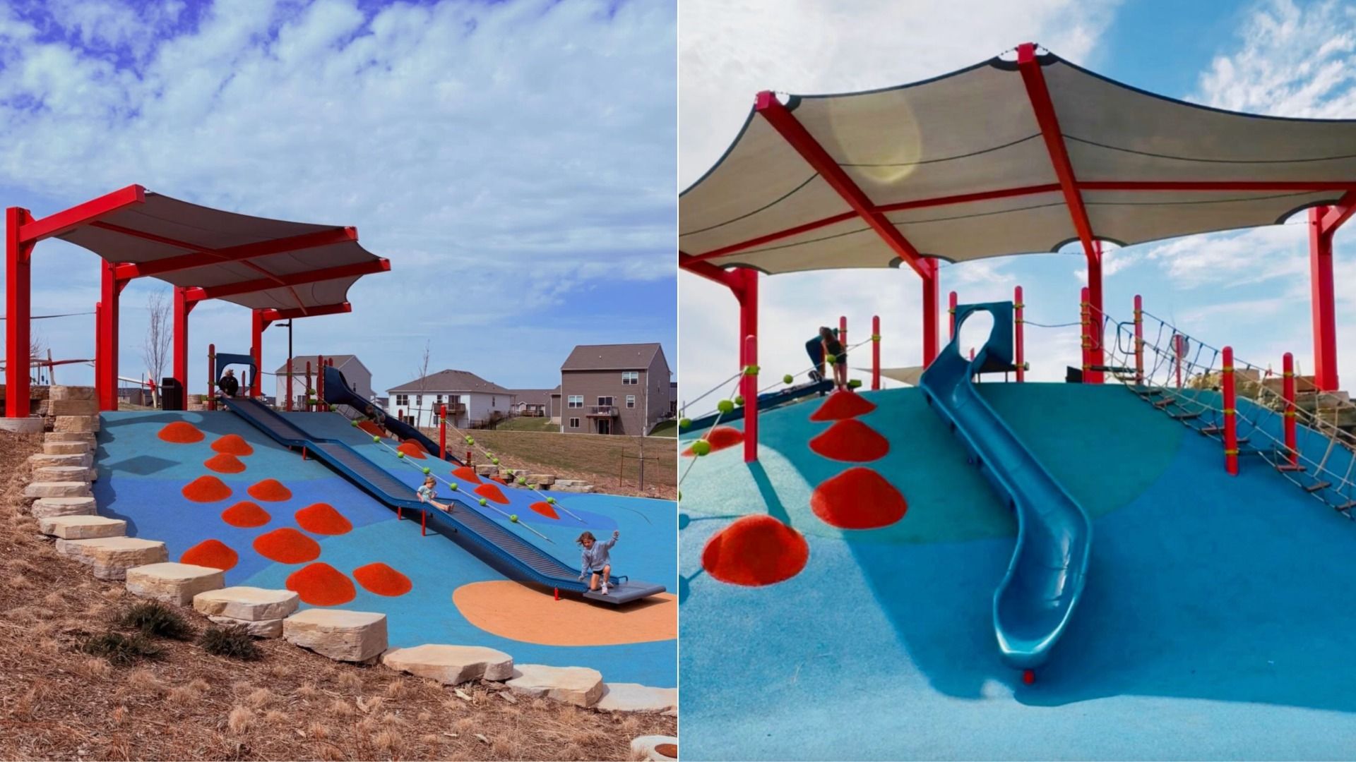 Two-panel playground: left shows red steel framing over blue ground with orange round bumps and slides, houses in the background; right zooms on the blue slide under a white curved canopy.