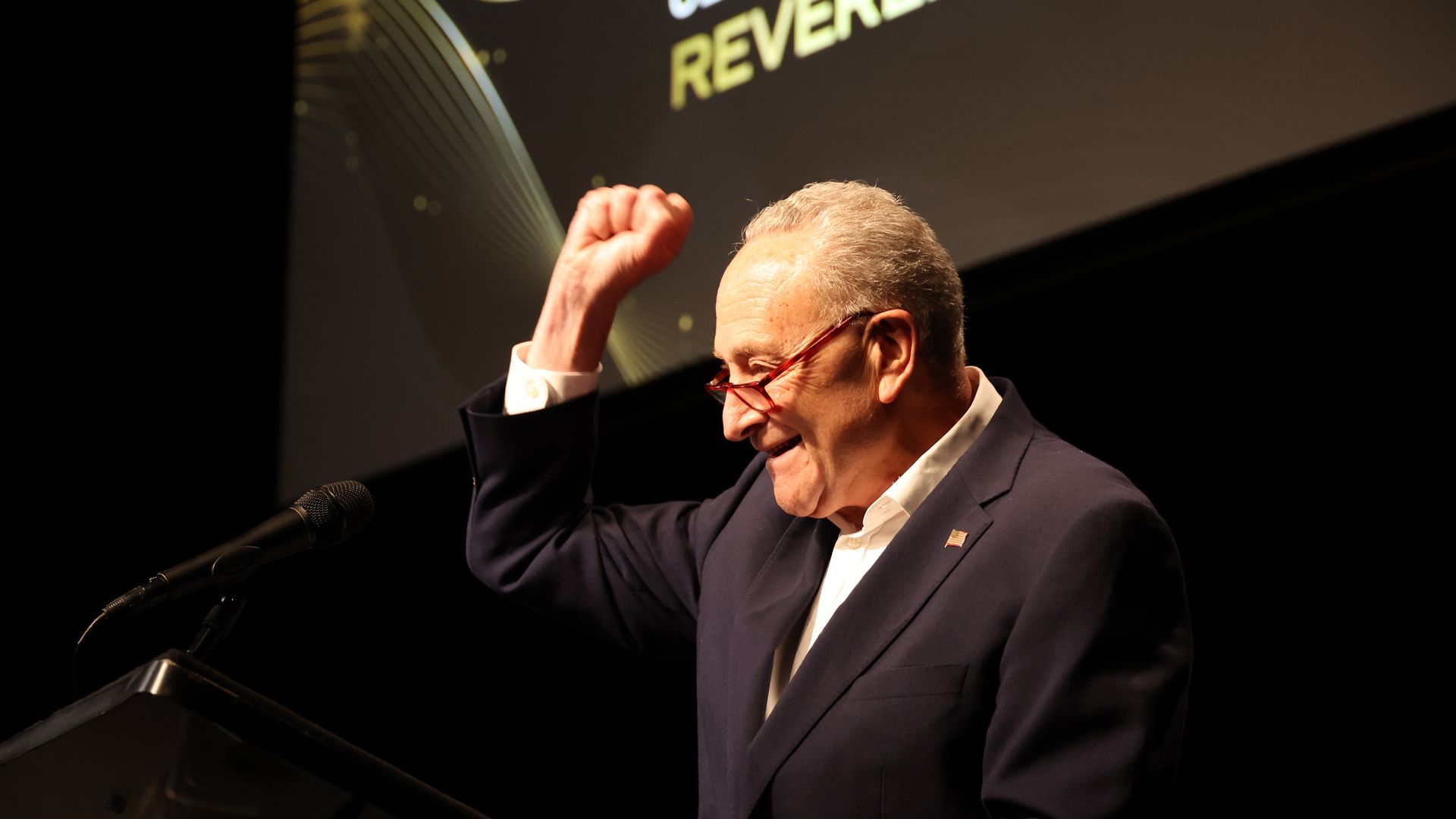 Chuck Schumer in a dark room with his fist up in the air.