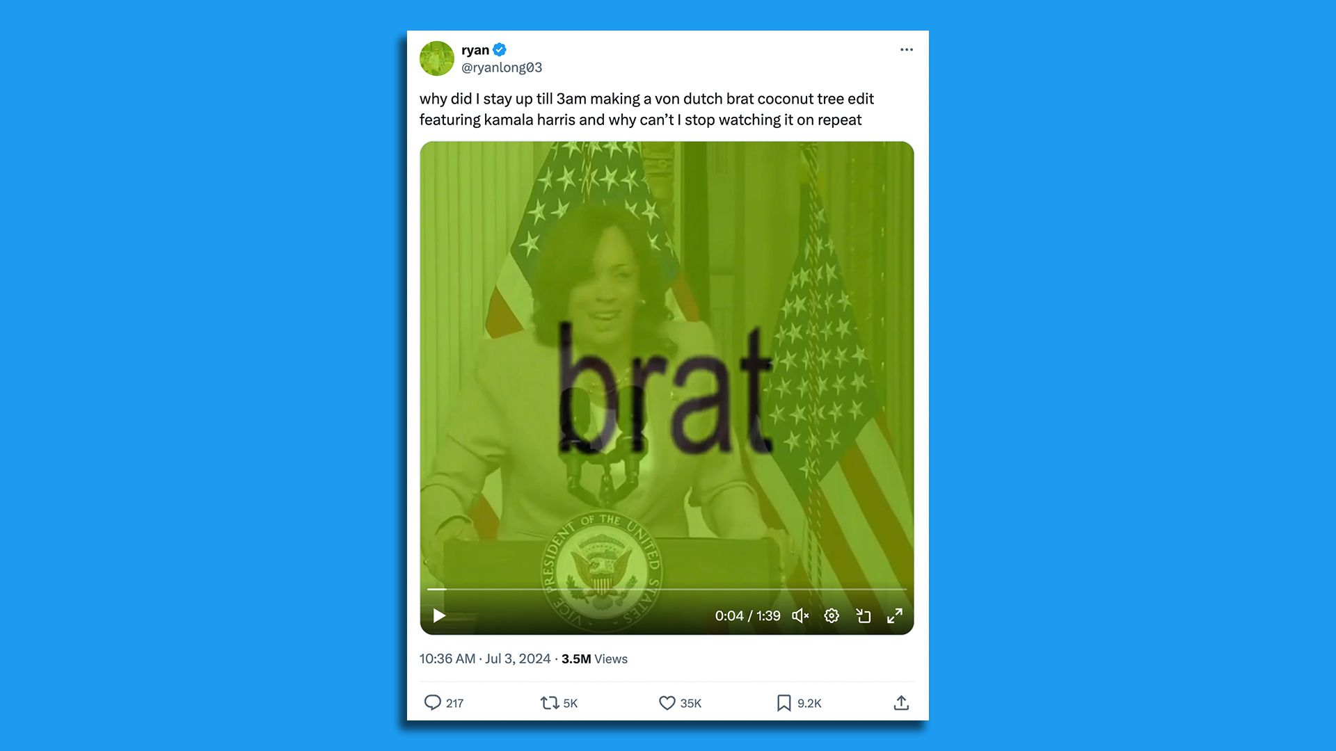 A post on X showing the word "brat" over Vice President Harris.