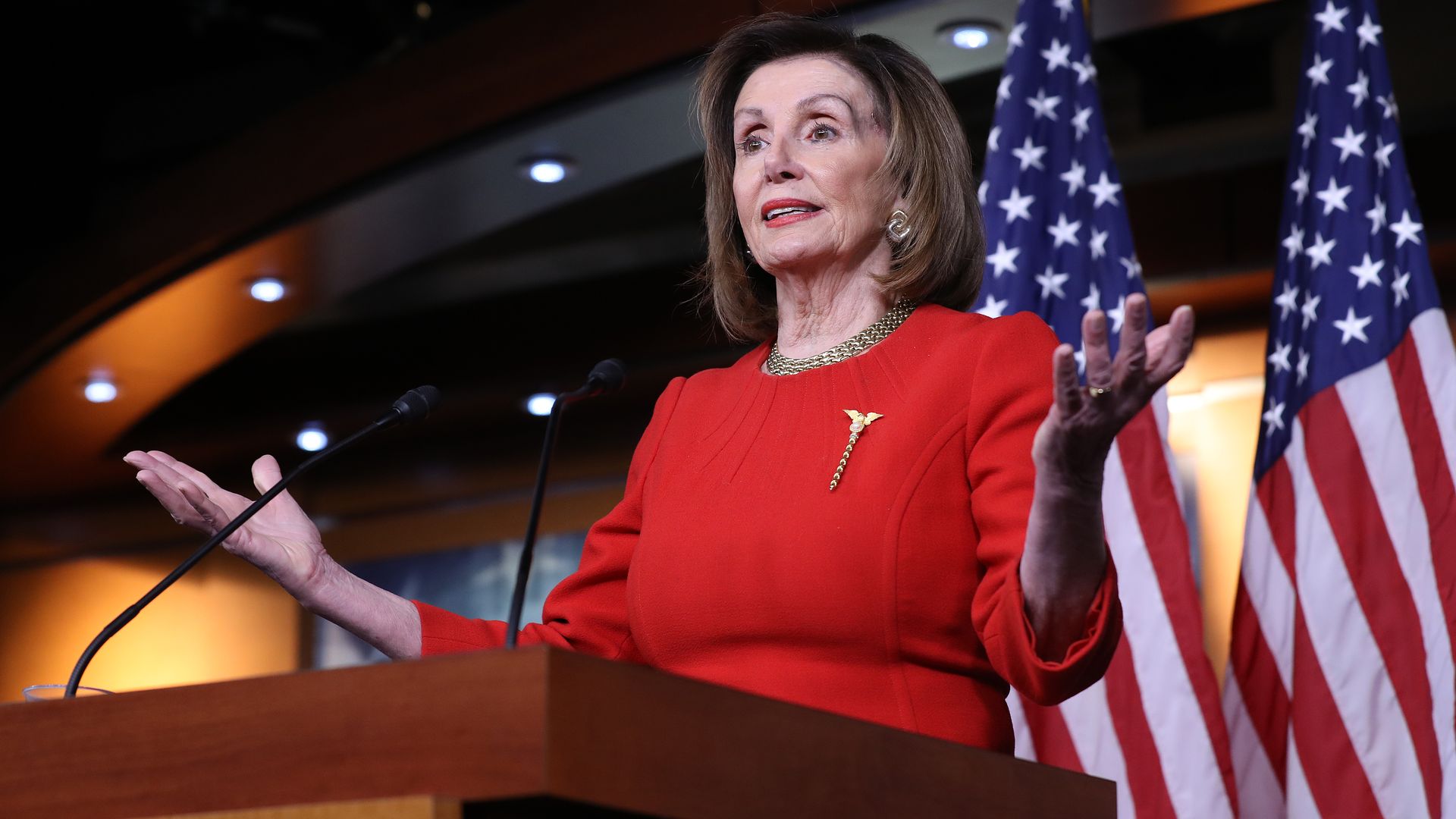 Speaker of the House Nancy Pelosi at the press podium