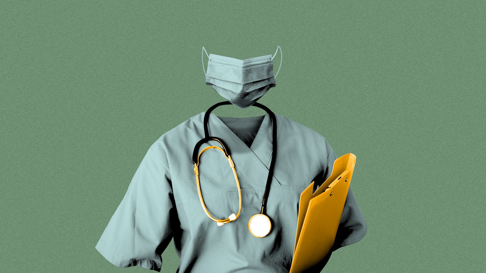Illustration of a nurse's scrubs, stethoscope and mask, standing with no nurse inside them.