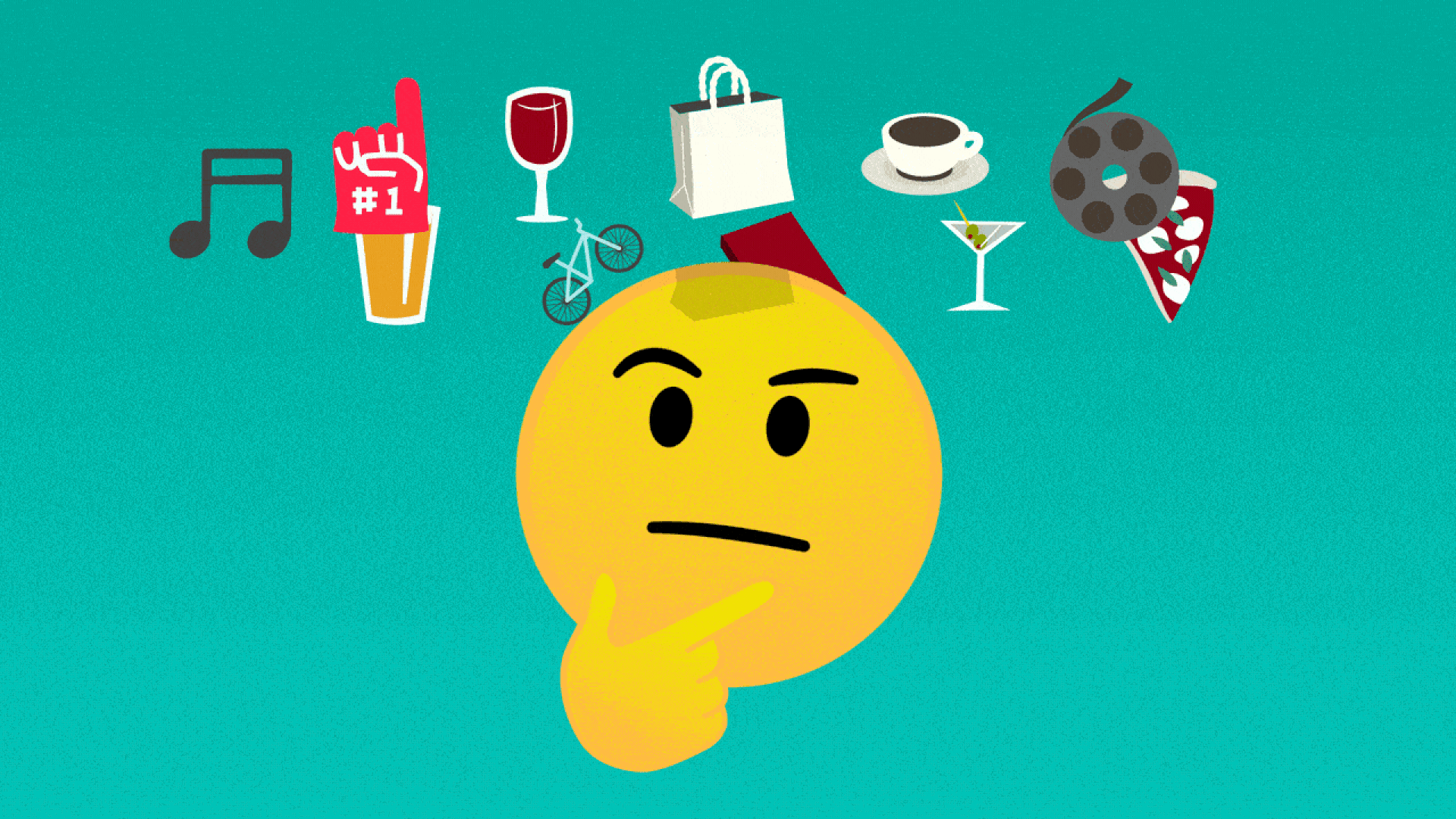 Illustration of a thinking emoji rubbing its chin with a slice of pizza, a beer, a bike, a coffee, a book and other things to do swirling around its head.