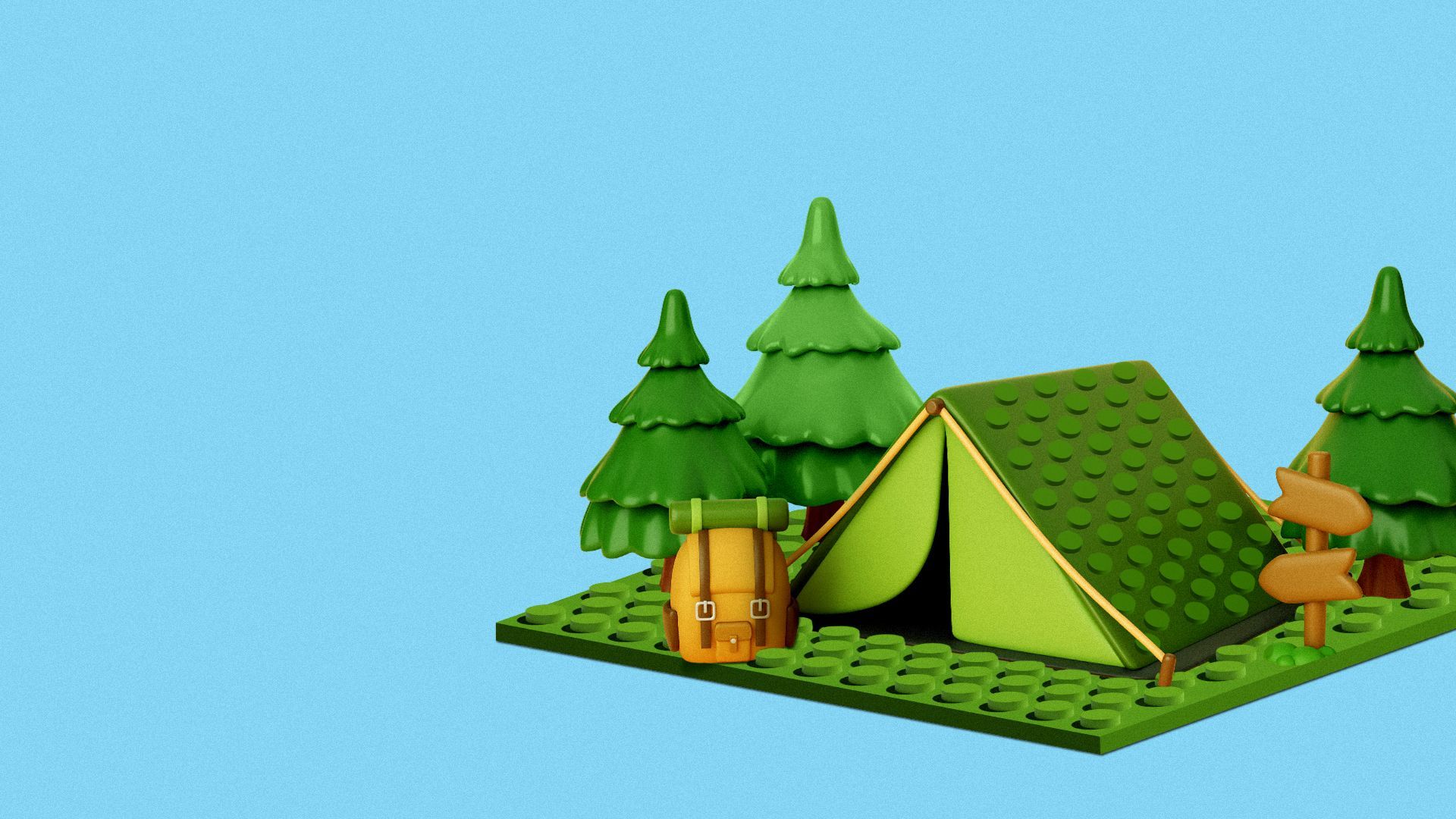 Illustration of a tent, trees, backpack and wooden sign made of plastic building blocks.