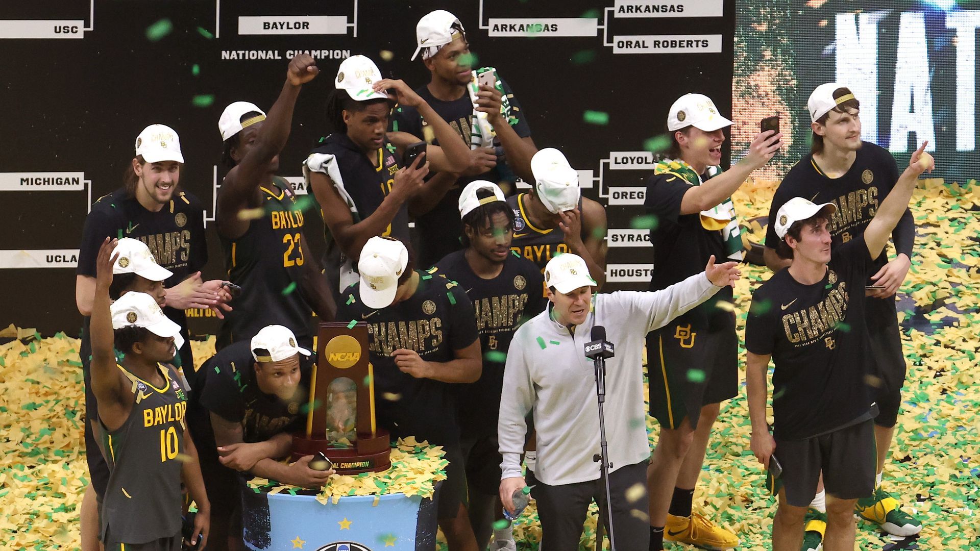  Head coach Scott Drew of the Baylor Bears addresses the crowd after beating the Gonzaga Bulldogs in Indianapolis, Indiana. 