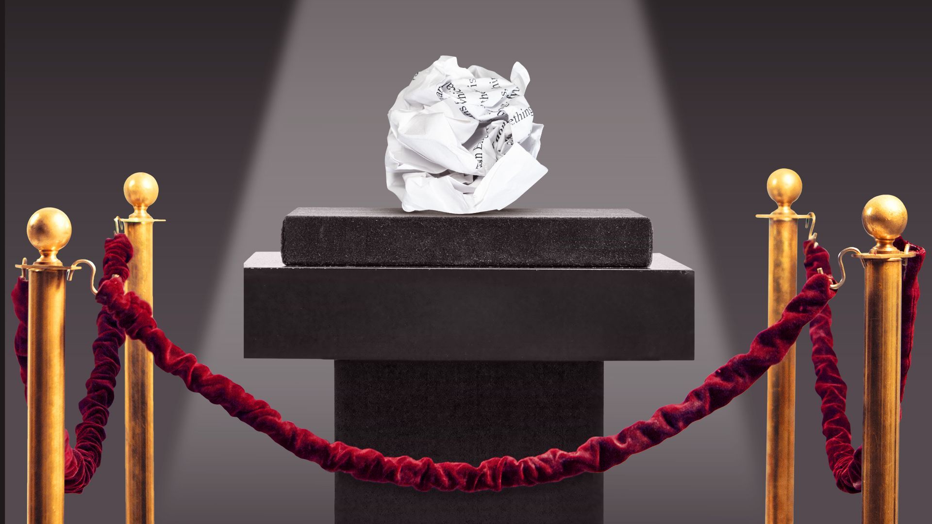 Illustration of a crumpled ball of paper on a pedestal with a velvet rope around it and light shining down atop it