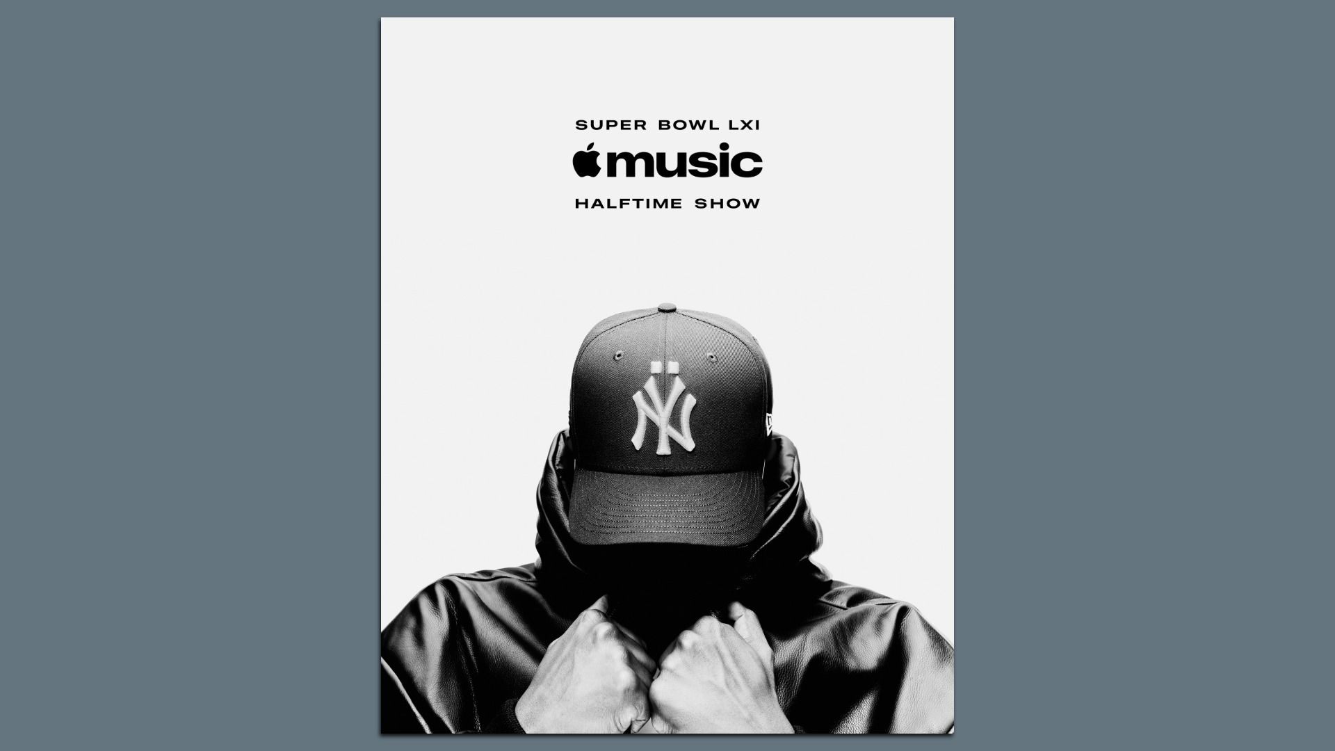 Black-and-white image featuring the Apple Music logo and the phrases