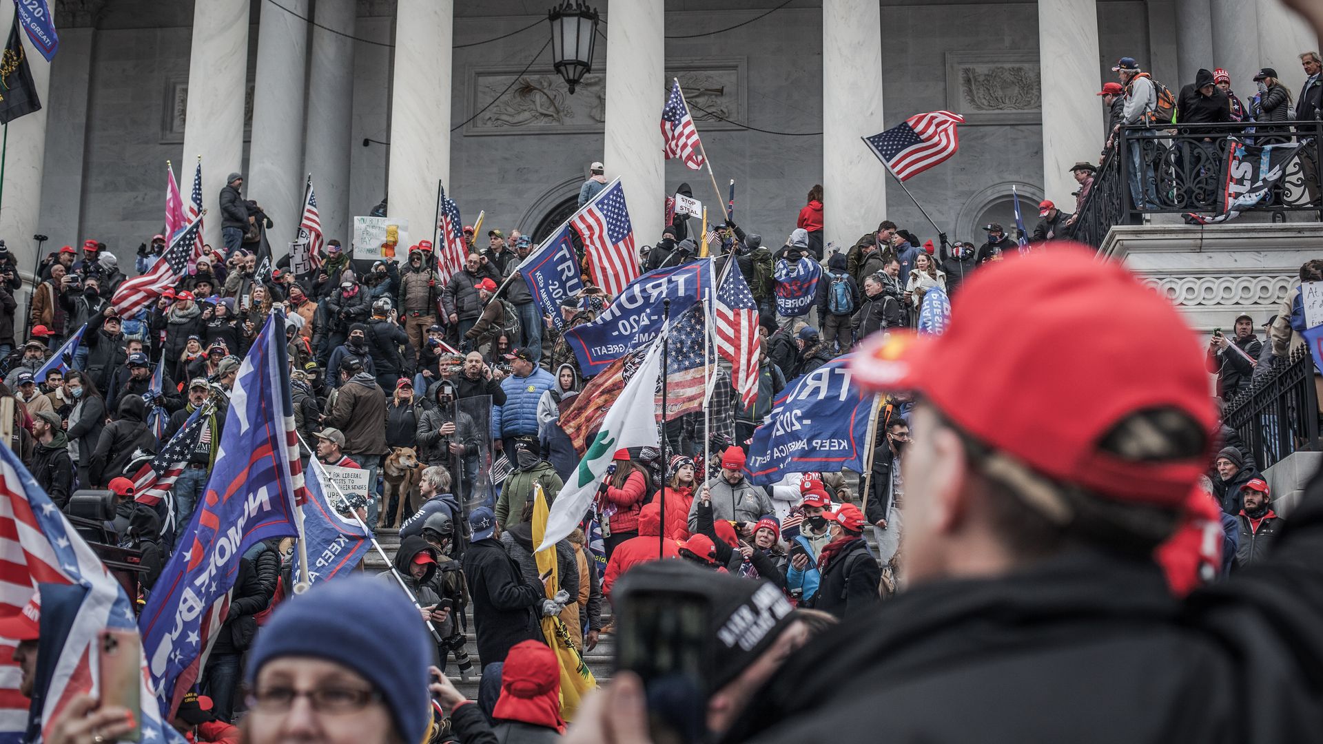 Photo of Trump supporters holding various signage and American flags crowded onto the steps of the U.S. Capitol