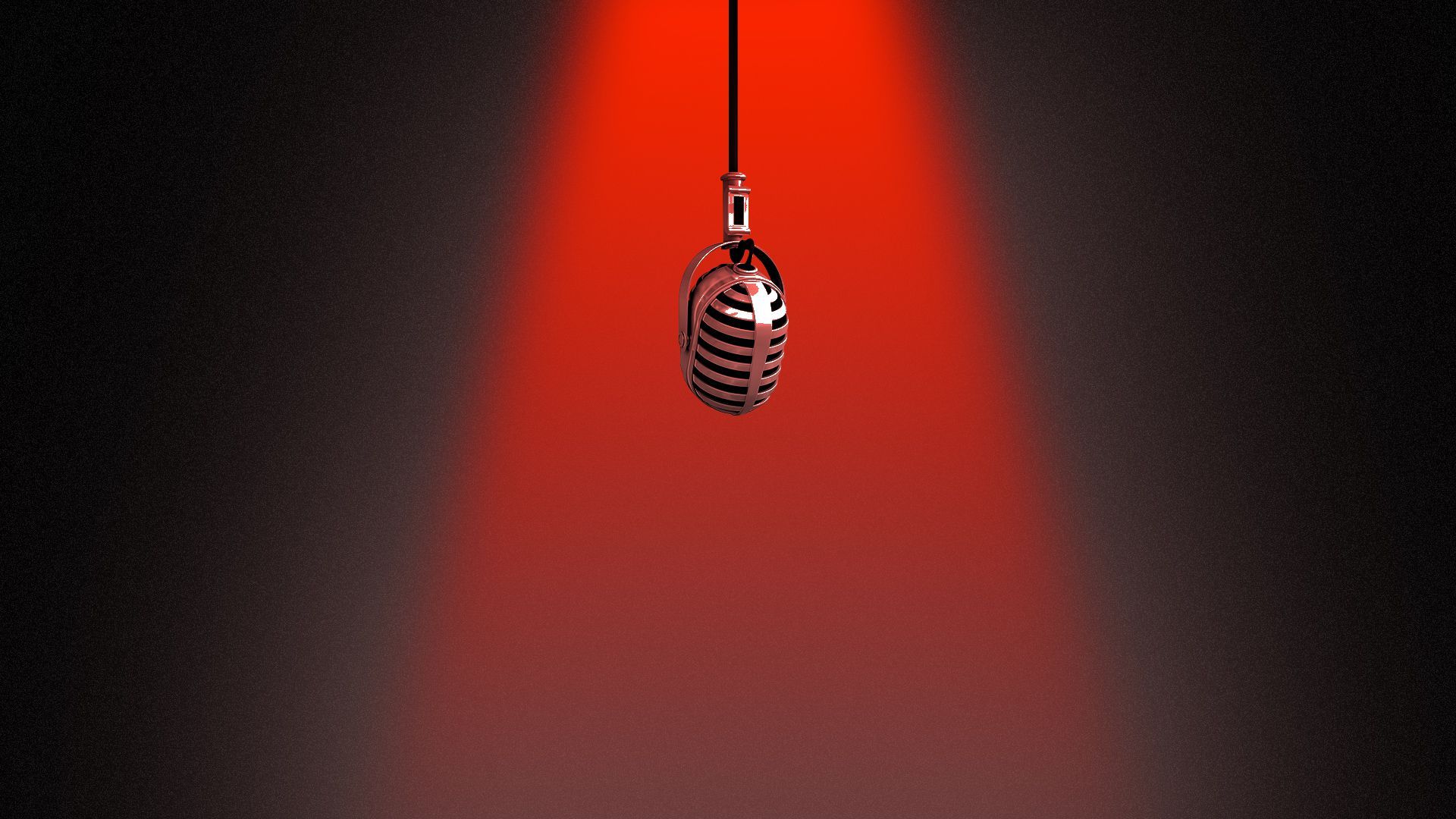 Illustration of a hanging microphone under a red spotlight.