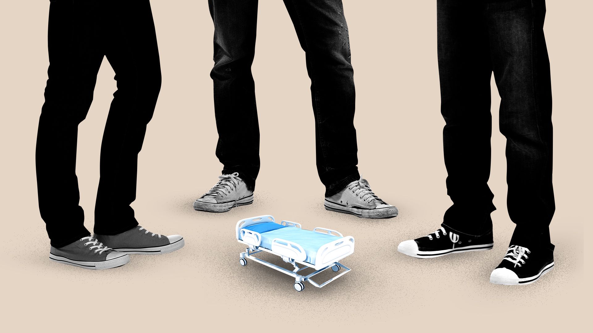 Illustration of giant legs standing around a small hospital bed. 