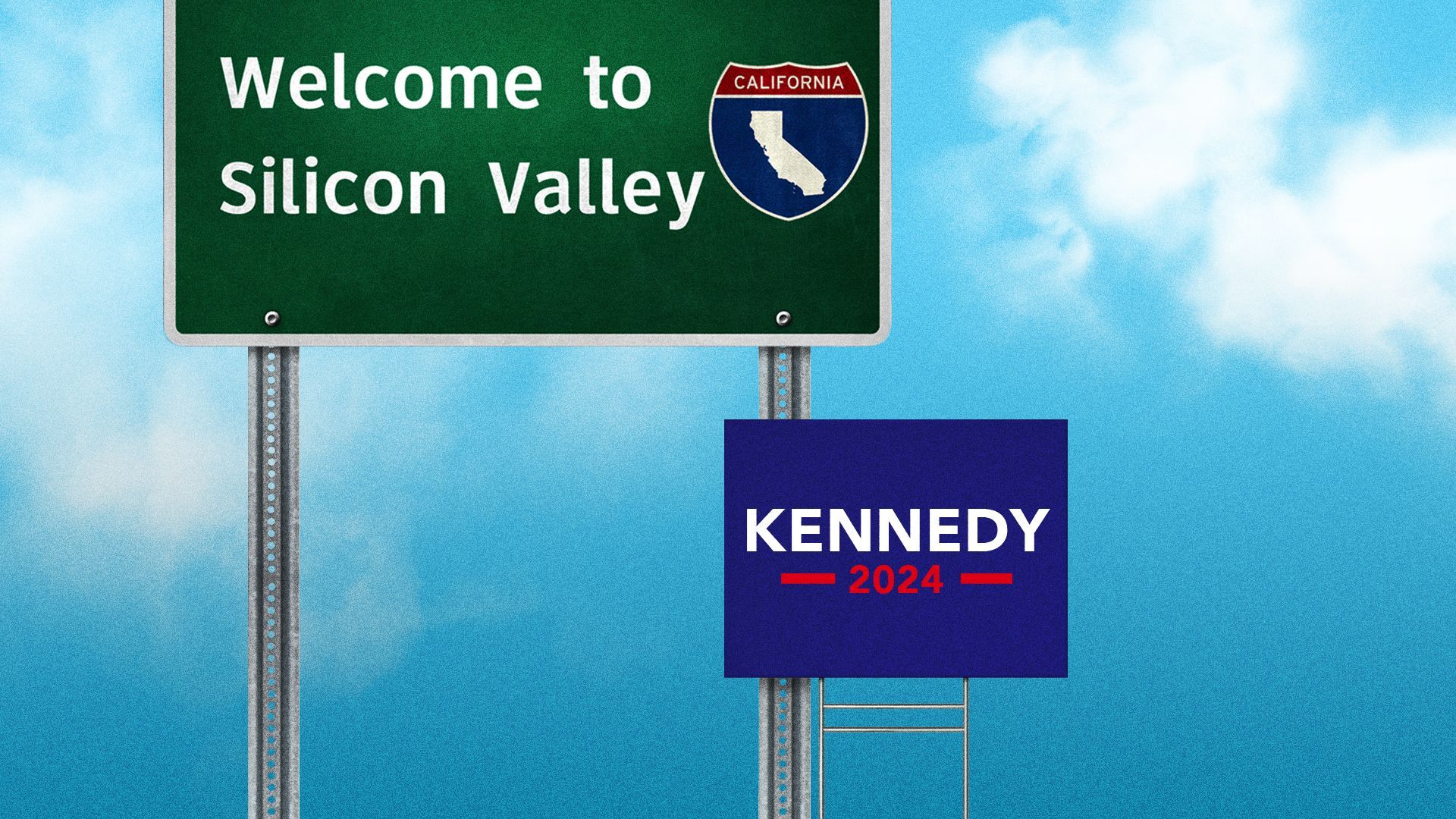 Illustration of a Kennedy campaign yard sign next to a sign that says "Welcome to Silicon Valley."